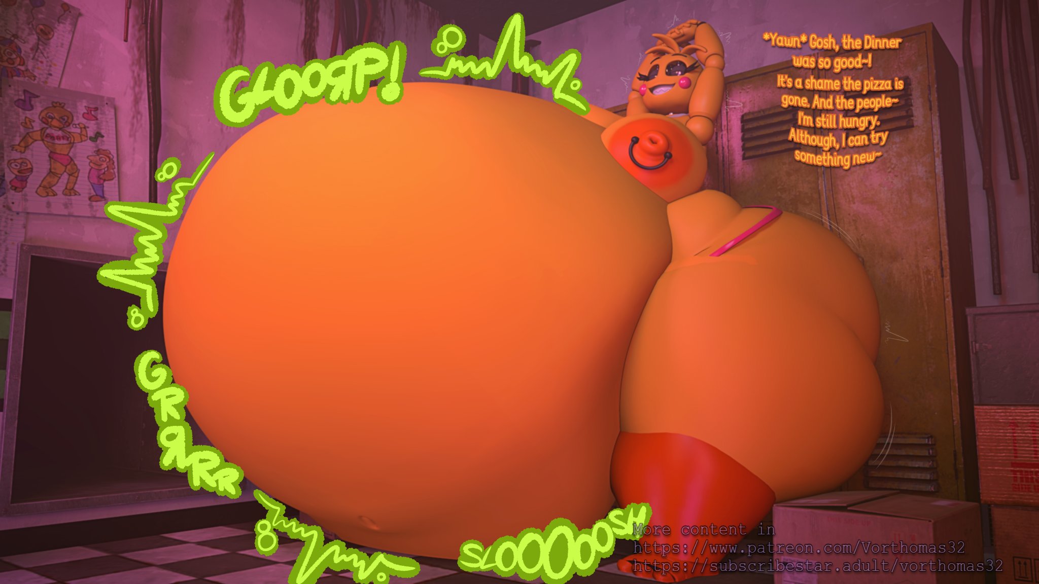 1girls, 3d, 3d (artwork), animatronic, animatronic female, animatronic girl, belly, belly bulge, big belly, big belly bulge, big breasts, boobs bigger than head, breasts, breasts bigger than head, digestion, digestion noises, english, english dialogue, english text, female, female focus, female only, female pred, five nights at freddy's, five nights at freddy's 2, furry, furry female, furry pred, huge belly, hyper, hyper belly, hyper butt, hyper thighs, large boobs, large breasts, multiple prey, oral vore, robot, robot girl, robot pred, same size vore, soft vore, text, toy chica (fnaf), toy chica (love taste), vore, vore belly, vorthomas82