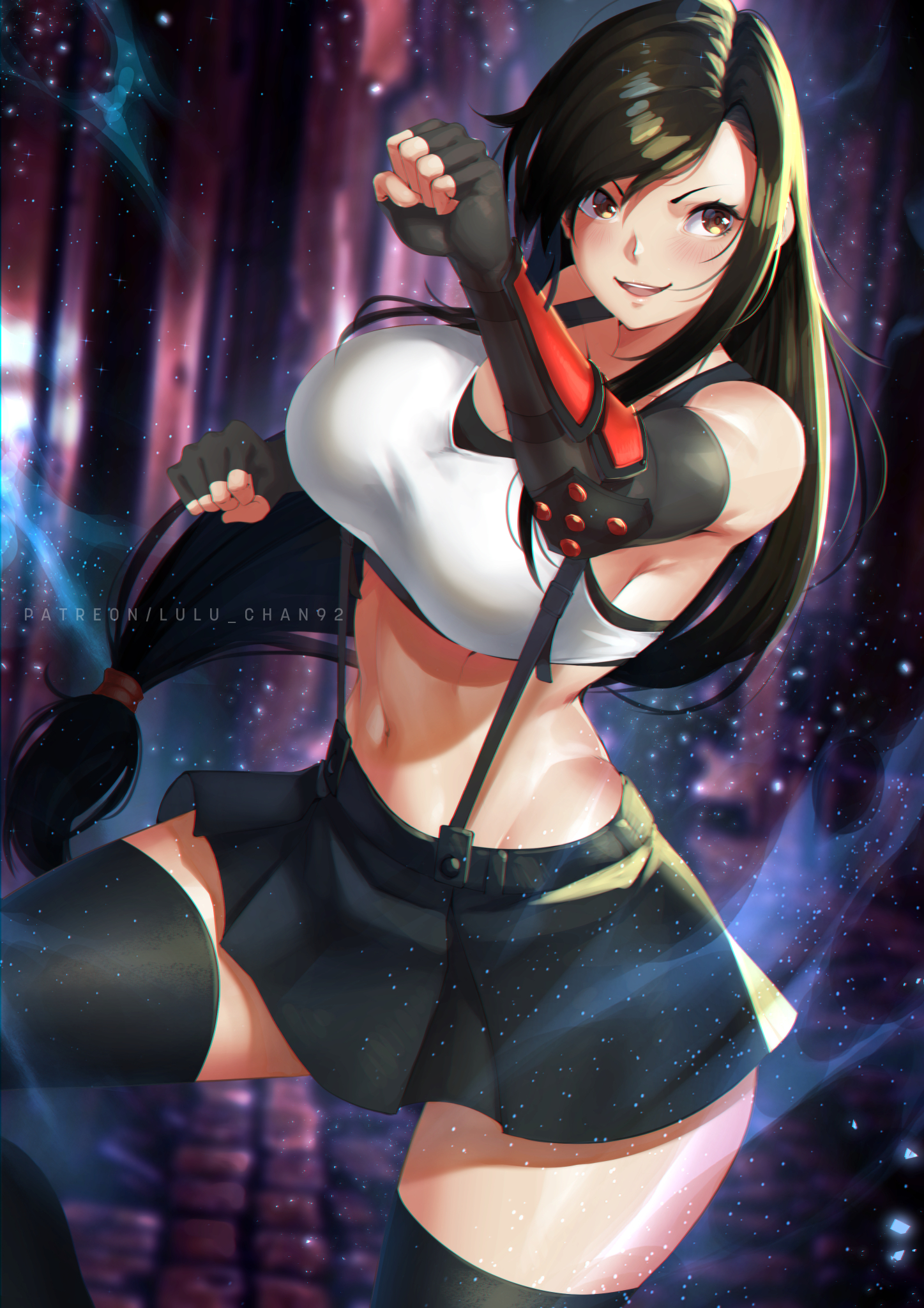 1girls, absolute territory, big breasts, black hair, breasts, cleavage, female, female only, final fantasy, final fantasy vii, gauntlets, large breasts, long hair, lulu-chan92, midriff, miniskirt, skirt, solo, suspenders, thick thighs, thighhighs, tifa lockhart, wide hips
