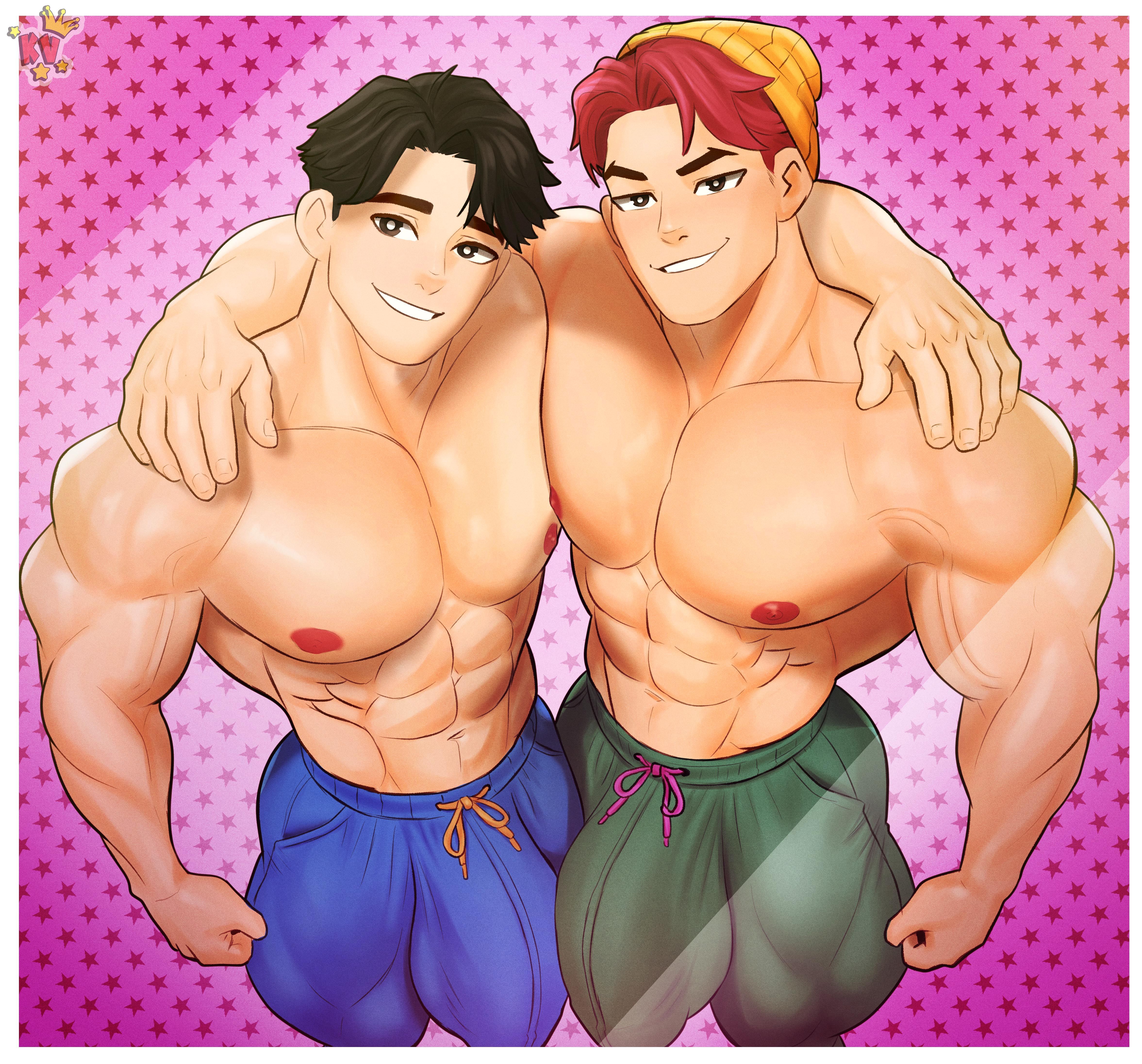 2boys, abby (kpop demon hunters), abs, bara, big bulge, bulge, gay, jinu (kpop demon hunters), kingdom velvet, kpop demon hunters, male, male focus, male only, muscular, muscular arms, muscular chest, muscular male, nipples, pecs, saja boys, topless, yaoi