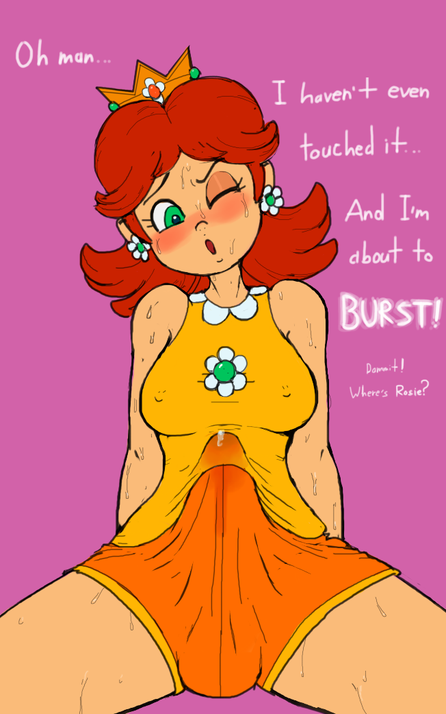 1futa auburn_hair bare_shoulders blush breasts brooch bulge clothed crown earrings erection_under_clothes flower_earrings futa_only futanari green_eyes mario_(series) mario_tennis nintendo nipples_visible_through_clothing one_eye_closed open_mouth outta_sync precum precum_through_clothing princess_daisy shorts shoulder_length_hair solo sweat tan_skin tank_top text thick thick_thighs thighs wide_hips