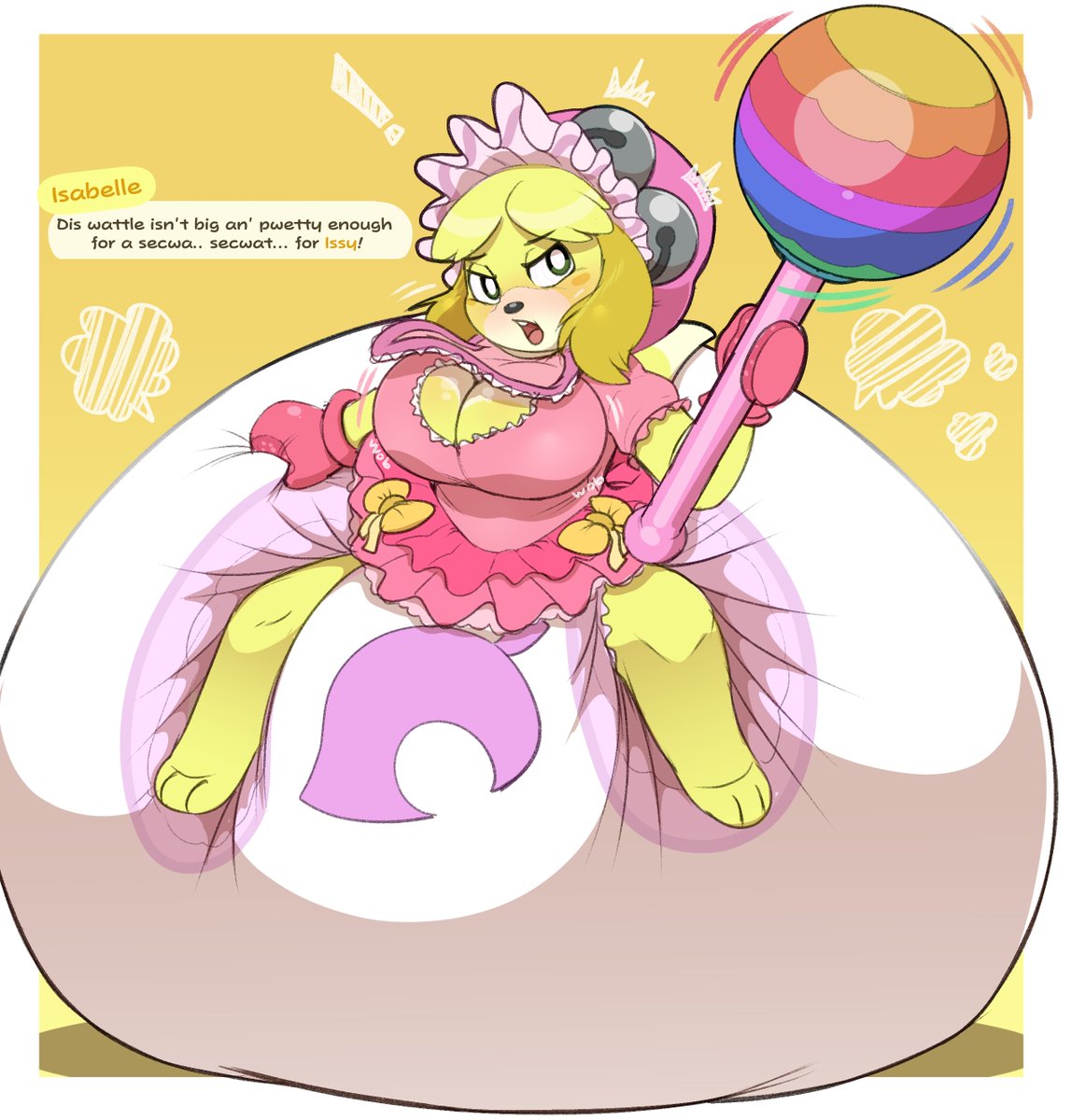 1furry, animal crossing, baby talk, bunnykisses, diaper, english, english text, female, hyper feces, hyper scat, hypermess, isabelle (animal crossing), messy diaper, rattle, regression, speaking, speaking to viewer, speech bubble, talking, talking to viewer, text
