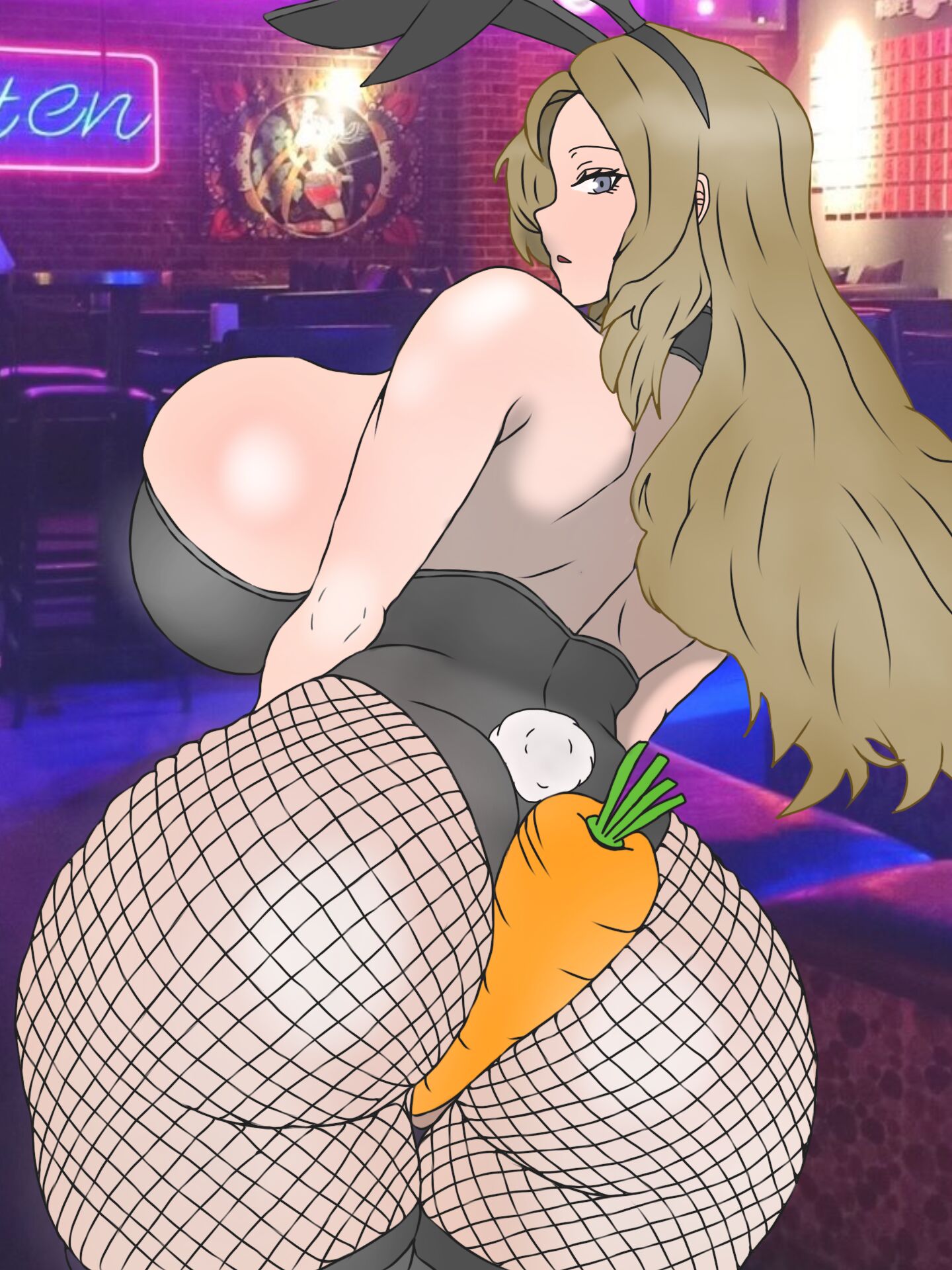 1girls, back view, blue eyes, breasts, breasts bigger than head, brown hair, bunny ears, bunnysuit, carrot, chesed95850218, fat ass, female, fishnet legwear, fishnets, hourglass figure, huge breasts, limbus company, looking at viewer, looking back, object between ass, project moon, rodion (limbus company), squeezing butt, wide hips