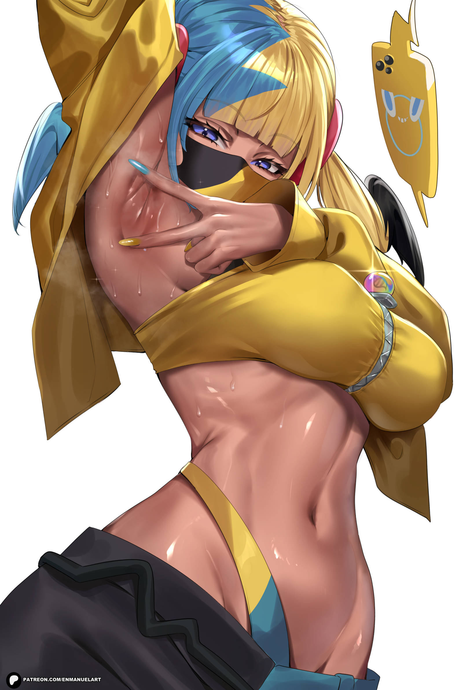 1girls, arm up, armpit fetish, armpits, bandeau, black mask, blonde hair, blue hair, blue nails, blue pants, canari (pokemon), canary (pokemon), commentary, criss-cross straps, dark skin, dark-skinned female, enma (enmanuelart), enmanuelart20, female, game freak, gen 4 pokemon, highres, jacket, looking at viewer, mask, mouth mask, multicolored clothing, multicolored hair, multicolored mask, multicolored pants, nail polish, navel, nintendo, paid reward available, pants, patreon username, pokemon, pokemon legends: z-a, presenting armpit, rotom, rotom phone, solo, split-color hair, spread armpit, sweat, twintails, two-tone clothing, two-tone mask, two-tone pants, yellow bandeau, yellow jacket, yellow mask, yellow nails