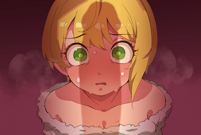 blonde female, blonde hair, cock shadow, female, green eyes, male, nervous, penis, penis shadow, shadow, steamy breath, steamy penis