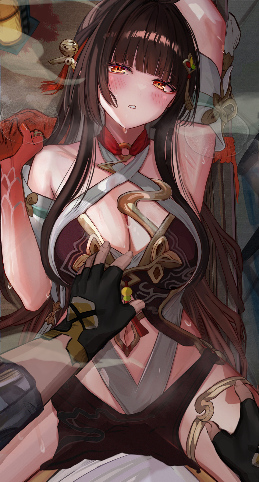 1boy, 1girls, armpits, arms up, black gloves, blush, breasts, brown hair, bulge through clothing, caelus (honkai: star rail), cleavage, diamond-shaped pupils, efuri (riarea00), female, hair ornament, hand on thigh, holding, holding breast, honkai: star rail, imminent sex, interracial, intimate, large breasts, lingsha (honkai: star rail), looking at viewer, lying on back, male, on back, pov, pov eye contact, pov hands, red hands, steam, stomach, straight, sweat, trailblazer (honkai: star rail), white shirt