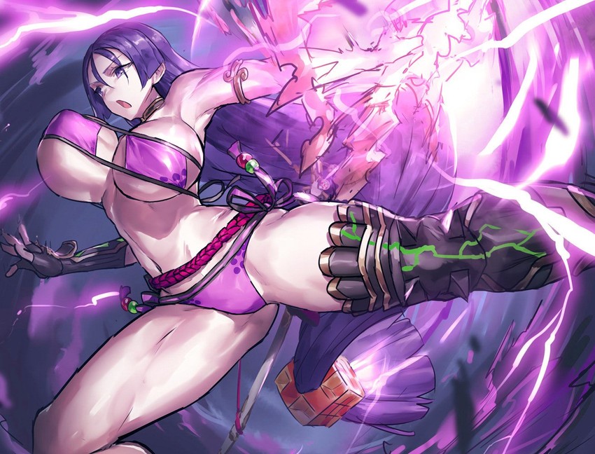 bikini, bouncing breasts, breasts, dark hair, eyepatch bikini, fate (series), fate/grand order, female, hair ornament, huge breasts, kicking, lightning, long hair, looking away, mature female, melon22, milf, minamoto no raikou (fate/grand order), minamoto no raikou (swimsuit lancer), muscular, muscular thighs, nipple bulge, open mouth, purple eyes, swimsuit, thick thighs