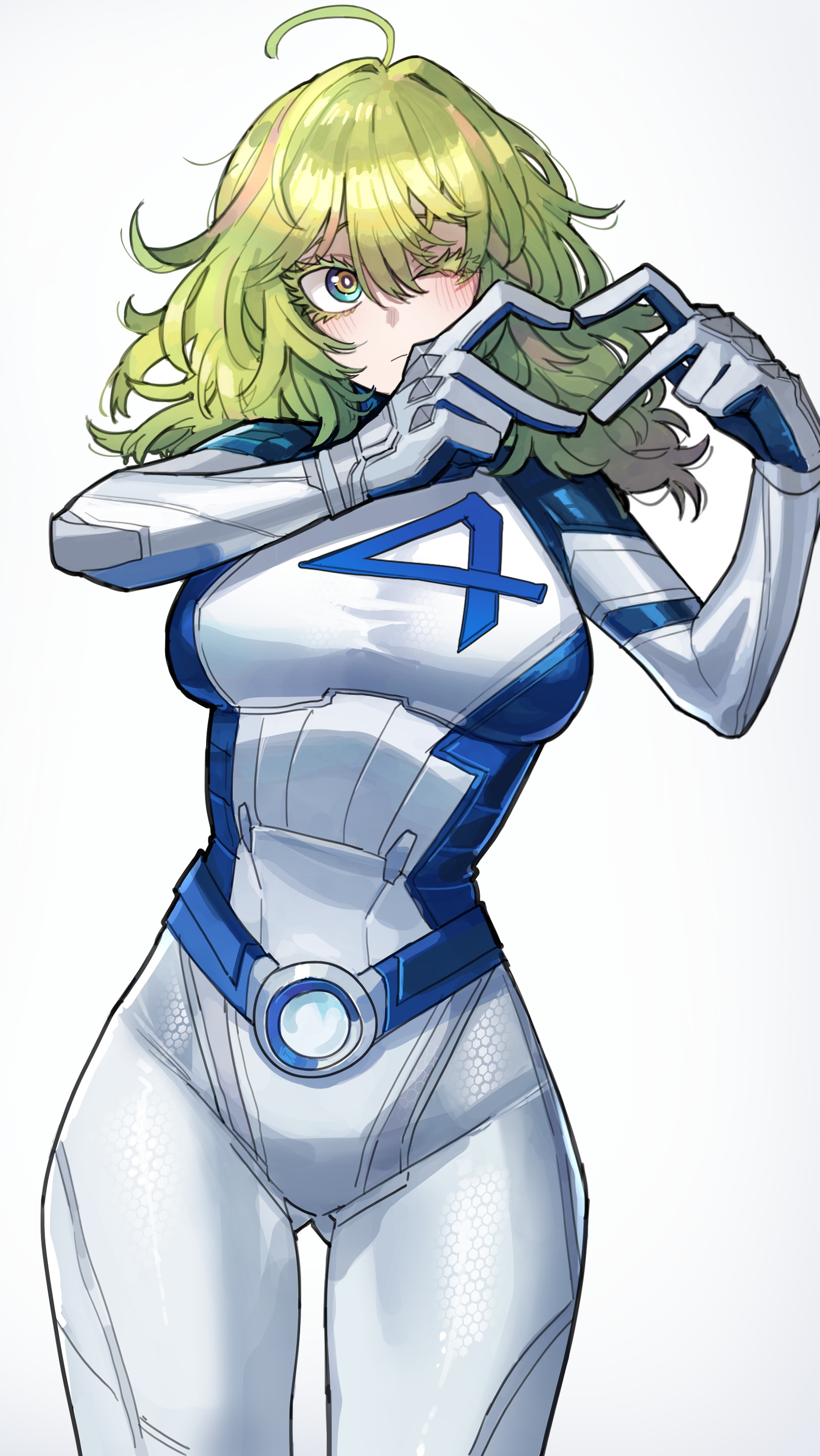 1girls, 2025, blue bodysuit, blush, blushing, bodysuit, boku no hero academia, breasts, clothed, clothed female, cosplay, fantastic four, female, female only, fully clothed, gloves, green eyes, green hair, green-haired female, heart gesture, hourglass figure, invisible woman (cosplay), looking at viewer, marvel, marvel comics, marvel rivals, medium breasts, medium hair, multicolored bodysuit, my hero academia, one eye closed, ratatatat74, simple background, slim waist, solo, standing, superhero costume, tight clothing, tooru hagakure, tooru hagakure (visible), two tone bodysuit, white background, white bodysuit