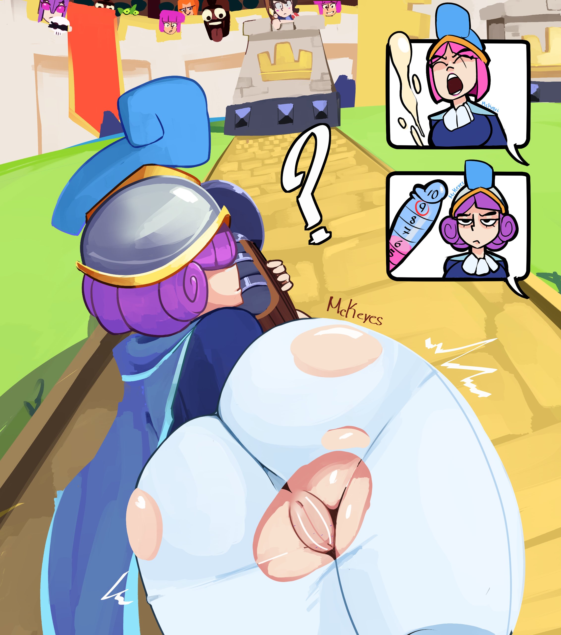 3girls, anus, ass, big ass, big breasts, big thighs, blush, breasts, bubble butt, clash (series), clash royale, clothed, clothing, emote, emote (clash royale), exposed pussy, female, female focus, female only, gigantic ass, gigantic thighs, huge ass, huge thighs, mckeyes, musketeer (clash royale), pink hair, purple hair, pussy, short hair, thick thighs, thighs, three musketeers (clash royale), torn clothes, torn clothing, wardrobe malfunction