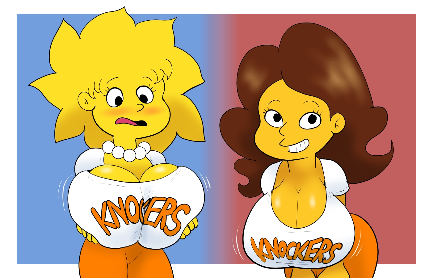 2girls, aged up, alternate breast size, blush, breasts, breasts bigger than head, character request, female, godalmite, hooters, hooters uniform, lisa simpson, small but busty, small but hyper, the simpsons