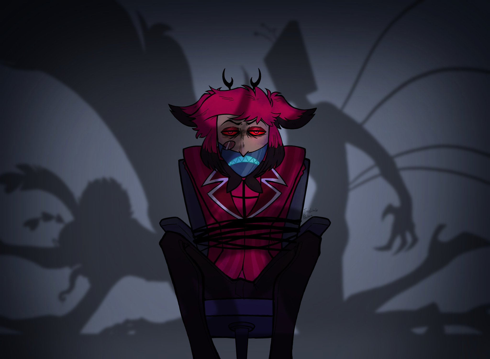 3boys, 4 fingers, alastor (hazbin hotel), anal, anal penetration, anal sex, antlers, black hair, bondage, canonical scene, canonical sex, dead inside, deer, deer antlers, deer demon, deer ears, deer humanoid, demon, demon boy, demon horns, demon humanoid, ears back, ears down, forced to watch, gay, gay anal, gay sex, hazbin hotel, hellaverse, implied anal, implied penetration, implied sex, male, male only, male penetrating, male penetrating male, meme, multicolored hair, red hair, red suit, scene interpretation, sex, shadow, silhouette, silhouette sex, silhouetted sex, suit, thepechen, tied to chair, tied up, tired eyes, valentino (hazbin hotel), vox (hazbin hotel), yaoi