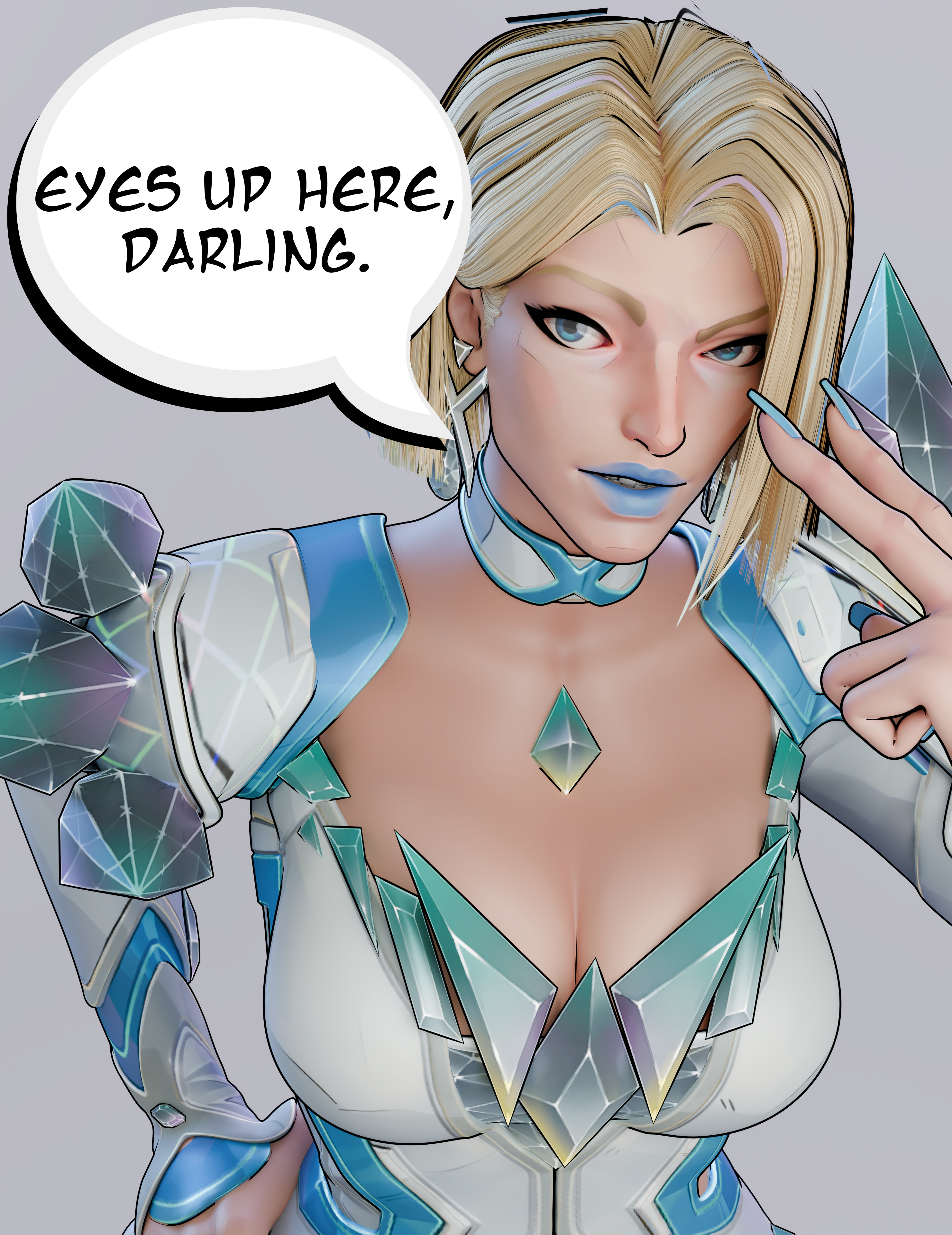 1girls, 3d, blender, blonde, caught staring, cleavage, clothed, emma frost, emma frost (marvel rivals), eye contact, eyebrow raise, female, hand on hip, looking at viewer, marvel, marvel comics, marvel rivals, my eyes are up here, raised eyebrow, sneer, superheroine, thick, viewer pov, x-men