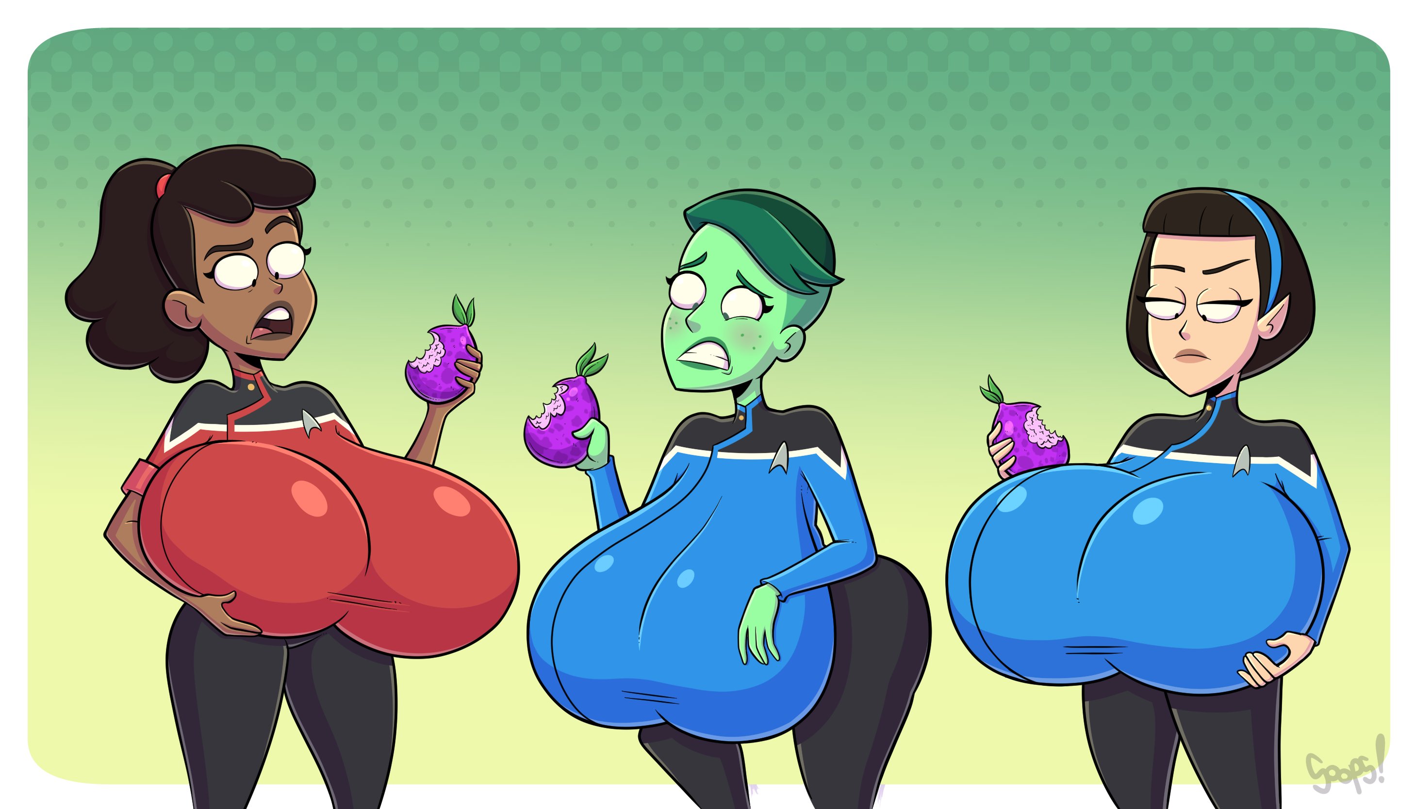 3girls, beckett mariner, big breasts, bimbo, breast expansion, breasts, d'vana tendi, dark-skinned female, dustindemon, female, giant breasts, green skin, huge breasts, hyper breasts, light-skinned female, orion (species), sharp ears, sooper stuff, star trek, star trek lower decks, t'lyn, vulcan (species)