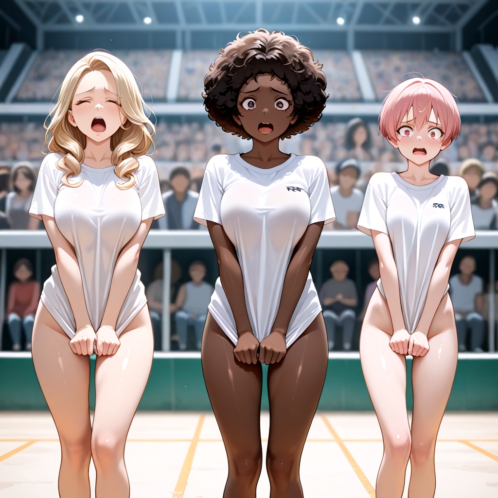 ai generated, blush, bottomless, bullied, bullying, closed eyes, clothes stolen, covering, covering crotch, crowd, crowd watching, dark skin, dark-skinned female, embarrassed, embarrassed underwear female, euf, exhibitionism, exhibitionist, female, glj-enf, going commando, gym clothes, gym uniform, half naked, half-dressed, hands on crotch, humiliated, humiliation, multiple females, multiple girls, no panties, no pants, no shorts, outdoors, panties removed, pants removed, pantsed, pantsing, pantsless, public, public exposure, public humiliation, public indecency, public nudity, pulling clothing, pussy, screaming, shiny skin, shirt only, shirt pull, shirt pulled down, shirt tug, shocked, shocked expression, short hair, shorts removed, spectators, sports, sports festival, stolen clothes, story at source, stripped, stripping, surprised, surprised expression, t-shirt, tanned, tugging, tugging clothing, undressed, undressed by others