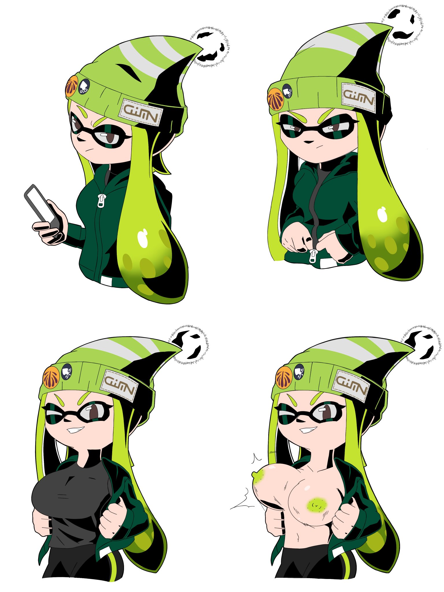 1girls, angry, animal humanoid, anthro, big breasts, bobblehat, breasts, breasts bursting out, brown eyes, cellphone, cephalopod, cephalopod humanoid, compressed breasts, female, flashing, green hair, green nipples, humanoid, inkling, inkling girl, looking at viewer, mask (marking), mayito, mizuho (splatoon), nintendo, no bra, pseudo hair, simple background, smile, solo, splatoon, splatoon (series), squid, sweater, tentacle, tentacle hair, white background