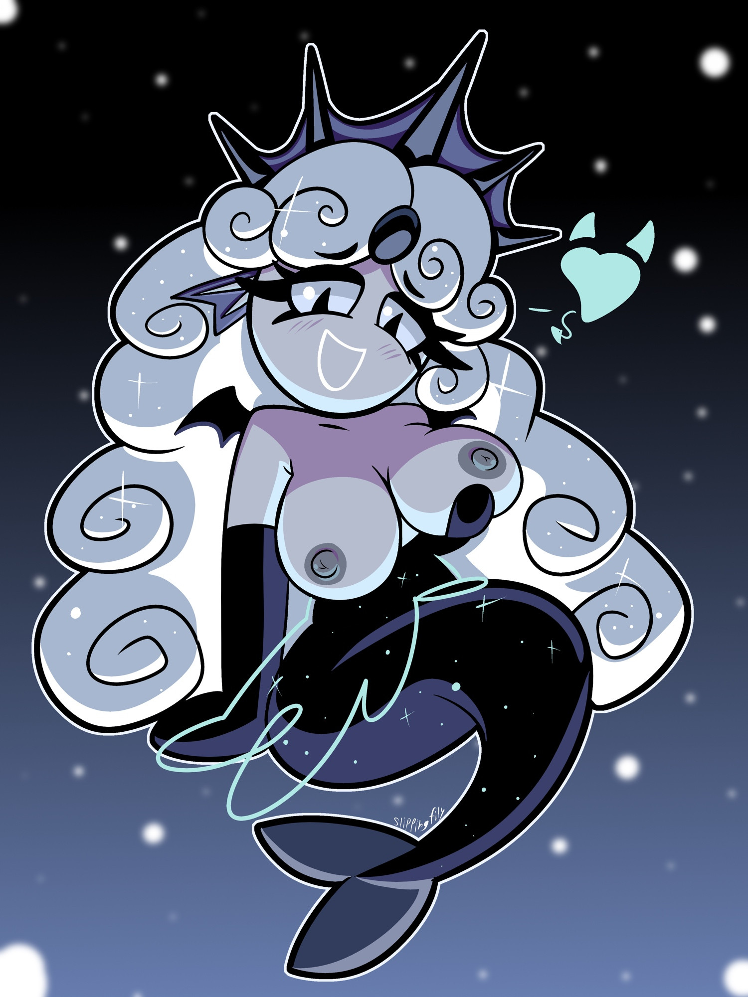 big breasts, black pearl cookie, black tail, breasts, breasts out, cookie run, cookie run kingdom, grey skin, holding breast, long hair, mermaid, mermaid girl, mermaid tail, slippingfily, tagme, white hair