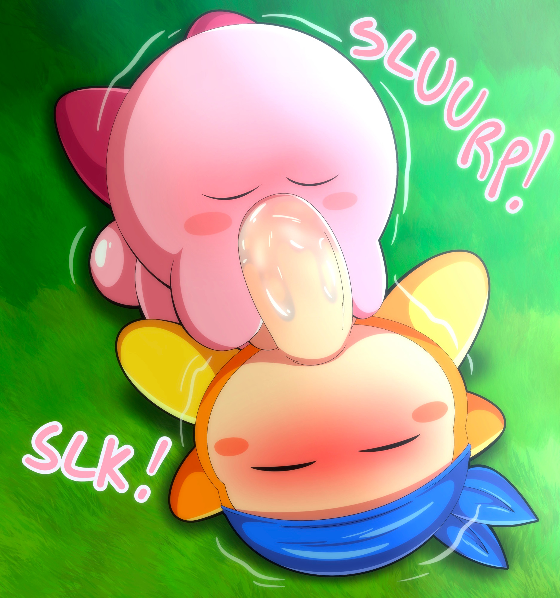 2025, 2boys, ball with hyper features, bandana waddle dee, big penis, blowjob, blowjob only, blush, blushing, blushing male, cock, duo, duo male, humanoid genitalia, humanoid penis, kirby, kirby (series), male, male only, male/male, motion lines, onomatopoeia, orb, penis, pink body, saliva, sucking, sucking penis, tagme, tepigfan101, waddle dee, waddling head