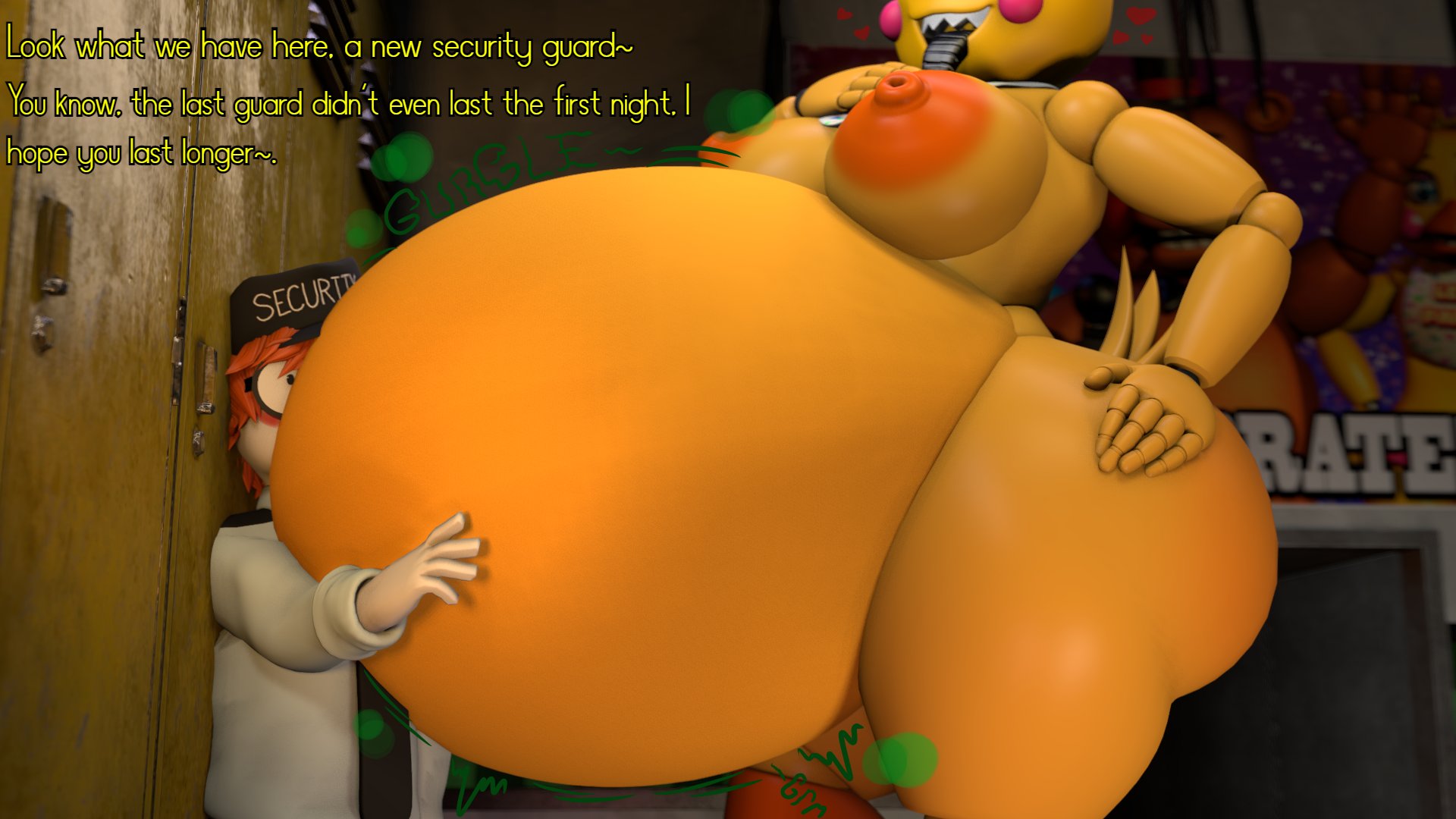 1girls, 3d, 3d (artwork), ambiguous prey, animatronic, animatronic female, belly, belly bulge, big belly, big belly bulge, big breasts, bigger female, breasts, female, female pred, five nights at freddy's, five nights at freddy's: security breach, furry, furry female, furry pred, giantess, hyper, hyper belly, hyper breasts, implied vore, large boobs, large breasts, large female, larger female, male, mini giantess, post digestion, post vore, robot, robot girl, robot pred, shorter male, smaller male, soft vore, thick thighs, thighs, tongue, tongue out, toy chica (fnaf), toy chica (love taste), vore, vore belly, vorthomas82