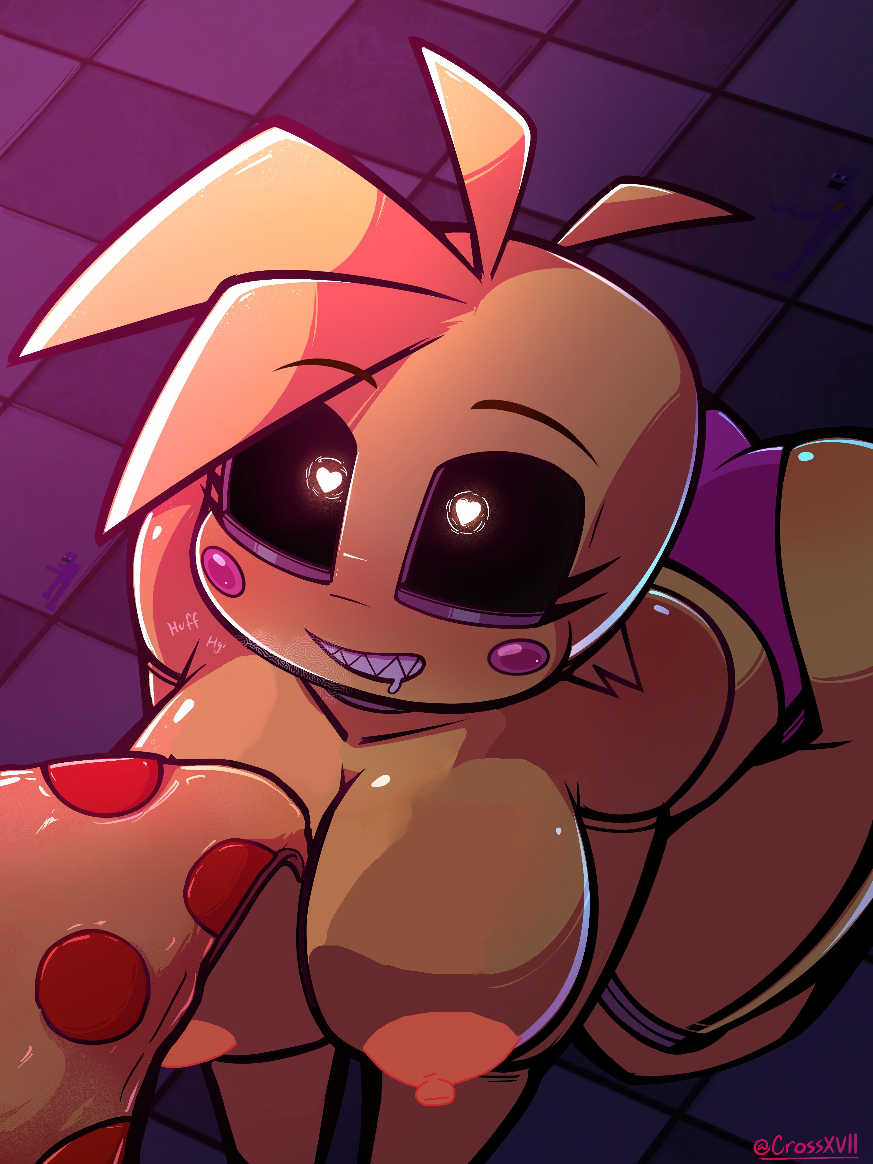 angelrouse332, animatronic, breasts, crossxvii, edit, female, five nights at freddy's, five nights at freddy's 2, nipples, pizza, solo, third-party edit, toy chica (fnaf), toy chica (love taste)