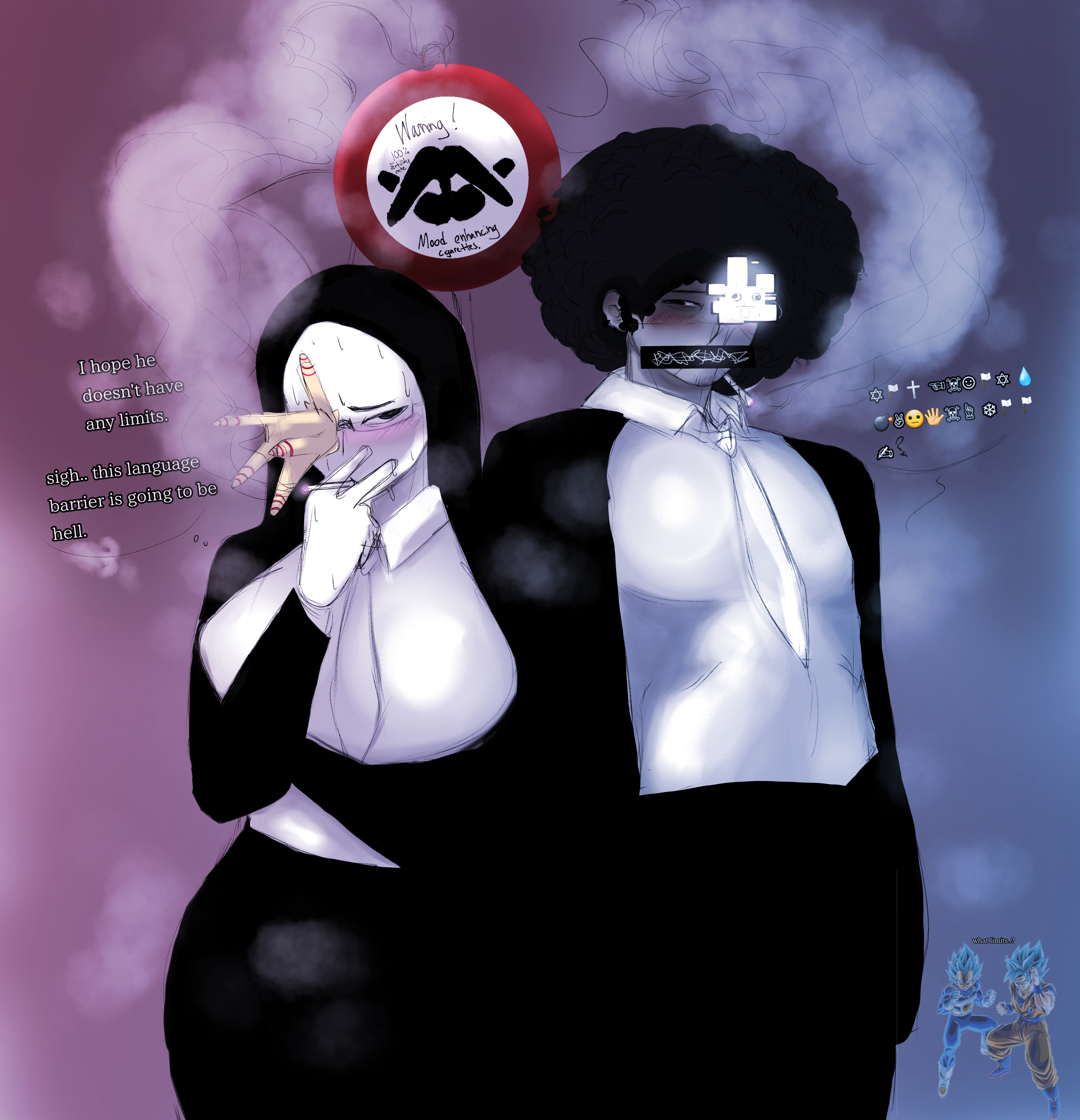 altered common sense, aphrodisiac, blush, censor bar, censored, cigarette, concerned, coral glasses, curly hair, dark skin, dark-skinned male, dokkan battle, dollface (zeezuu), dragon ball, dream bbq, ena (series), excessive sweat, female, glasses, goku, imminent sex, joel g, language barrier, lr ssgss goku and vegeta, male, original character, smoke, son goku, suit, vegeta, warning sign, wing dings, zeezuu