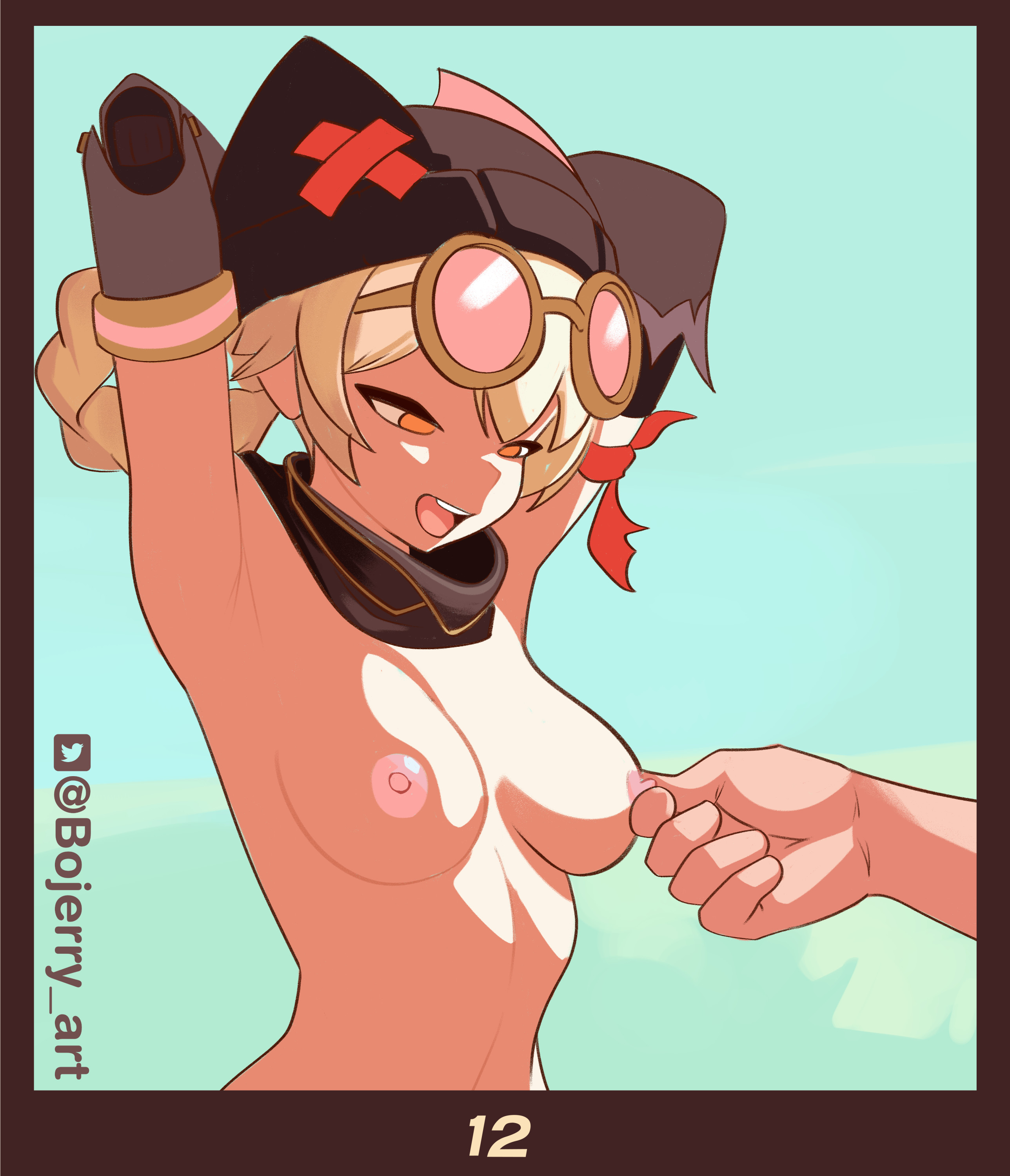 1girls, armpits, arms up, blonde hair, bojerryart, breast grab, genshin impact, hoyoverse, jahoda (genshin impact), mihoyo, nipple play, nipple tweak, twintails