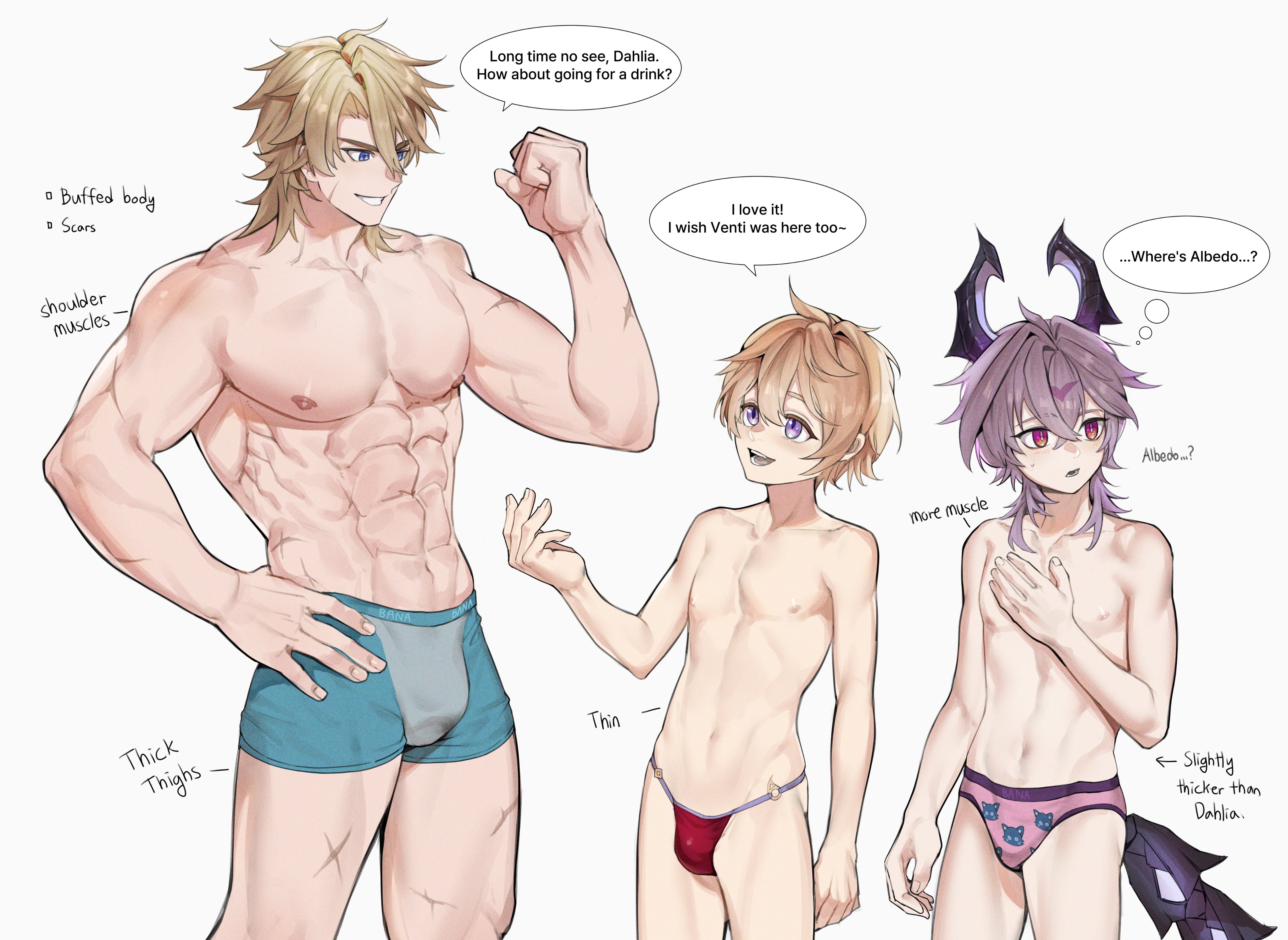bana gameg, blonde hair, boxer briefs, boxers, briefs, dahlia (genshin impact), durin (genshin impact), flexing, gay, genshin impact, hunk, muscles, muscular male, navel, nipples, purple hair, scar, size comparison, size difference, smaller male, text bubble, thighs, thin waist, thong, twink, underwear, varka (genshin impact)