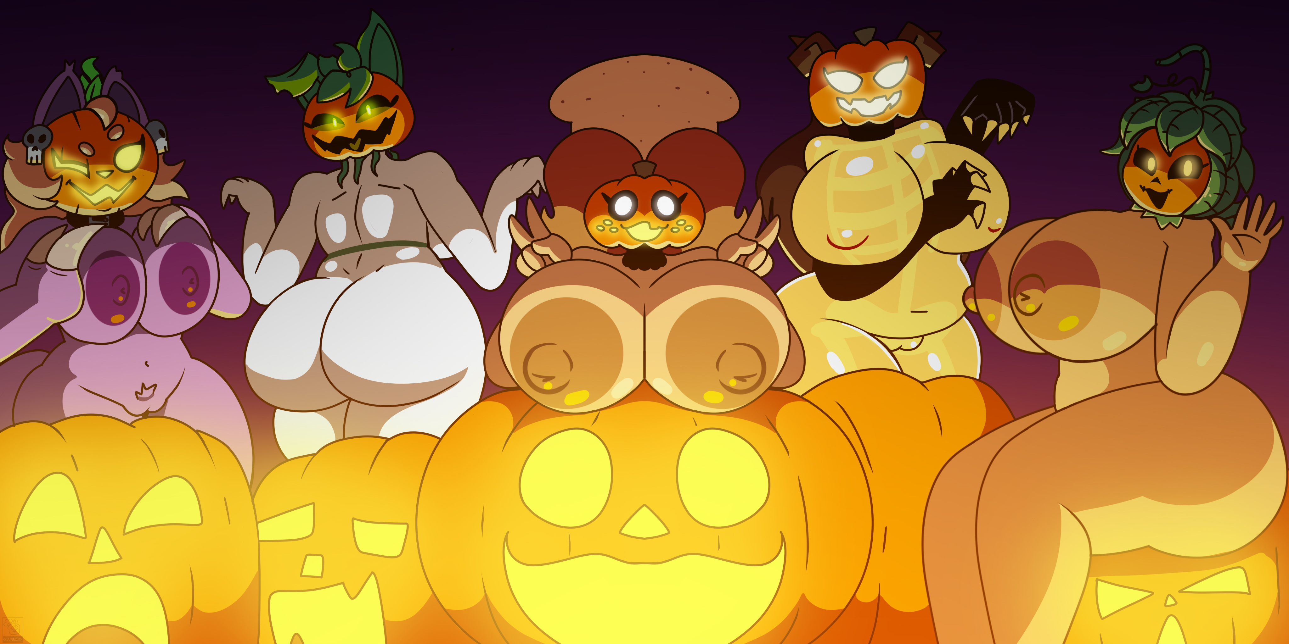 78 g00n, backwards head, big ass, big breasts, big butt, big thighs, bonbon (ladywitchfox), bread, bread girl, breadna (tkd), breasts, cat ears, cat girl, danna (minusdanna), double peace sign, female, glowing, glowing eyes, halloween, halloween costume, halloween pumpkin, head backwards, jack-o'-lantern, joaoppereiraus, ladywitchfox, minusdanna, peace sign, pressing breasts together, pumpae (78g00n), pumpkin, pumpkin girl, pumpkin head, pumpkin patch, pumpky (joaoppereiraus), spooky, thick ass, thick thighs, tkd, waving