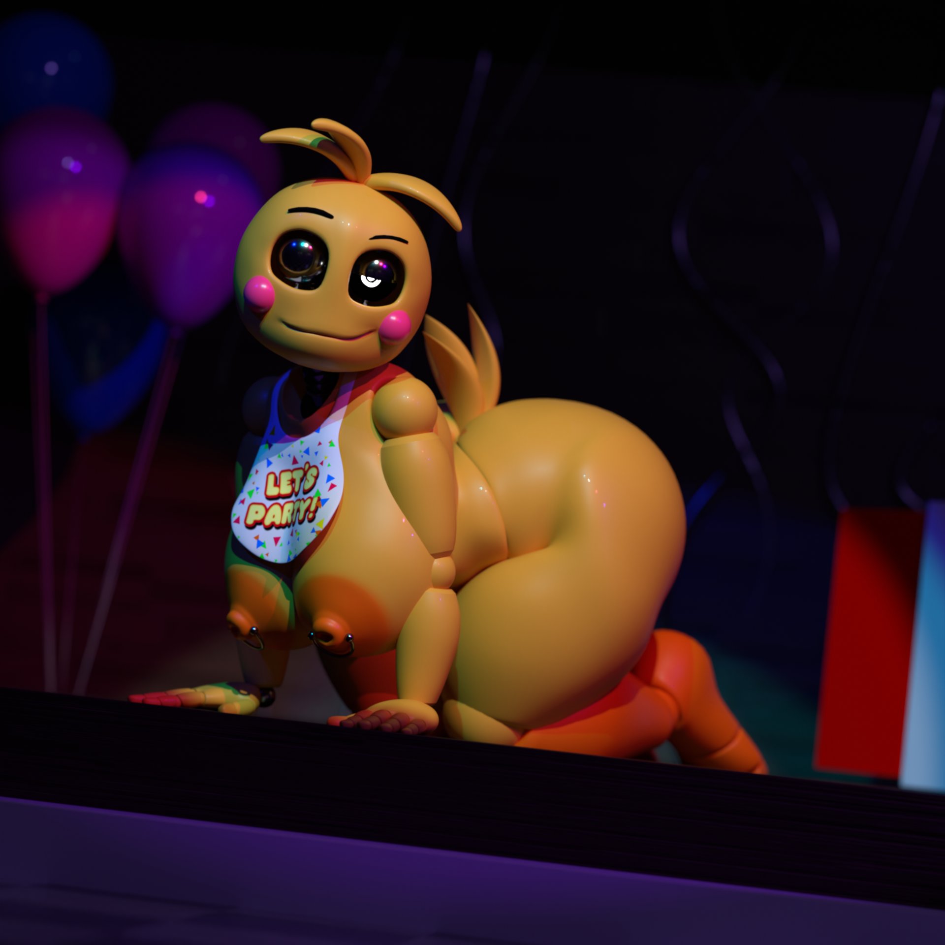 1girls, 3d, 3d (artwork), alphasoup, animatronic, animatronic female, bib, big breasts, breasts, female, female focus, female only, five nights at freddy's, five nights at freddy's 2, flirting, flirting with viewer, large boobs, large breasts, looking at viewer, on all fours, robot, robot girl, robot humanoid, solo, solo female, solo focus, thick thighs, thighs, toy chica (fnaf), toy chica (love taste), winking, winking at viewer, yellow body