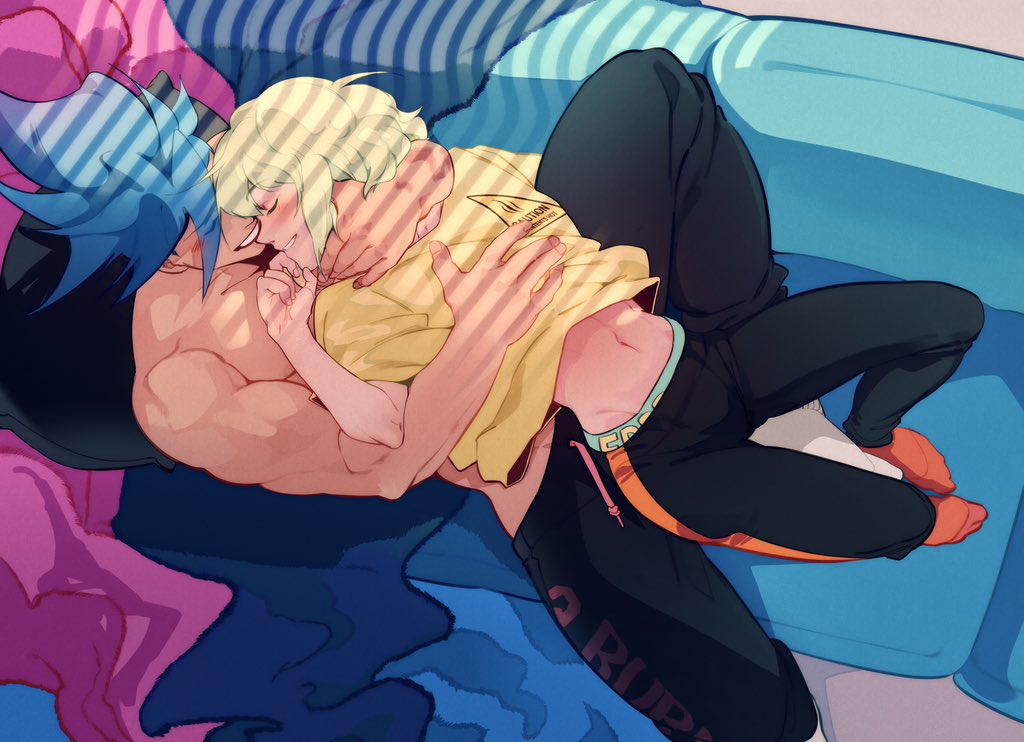 2boys, androgynous, clothing, cuddling, femboy, fully clothed, galo thymos, gay, lio fotia, male, promare, size difference, twink, wholesome, yaoi