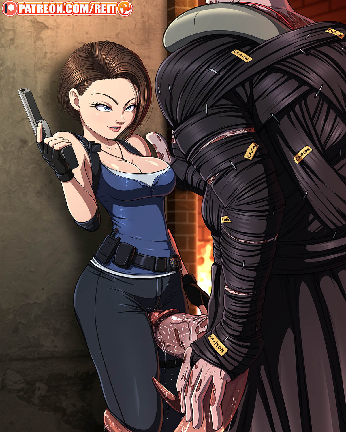 1boy, 1girls, 4:5, background, big breasts, big penis, blue eyes, breasts, brown hair, clothed, clothed female, clothing, faceless male, female, female penetrated, firearm, gun, handgun, huge cock, imminent sex, imminent vaginal, jill valentine, jill valentine (sasha zotova), legs together, looking up, male, male penetrating, male penetrating female, male/female, monster, nemesis (resident evil), patreon, penis, penis in pussy, pussy, reit, resident evil, resident evil 3, resident evil 3 remake, short hair, size difference, smile, tentacle, vaginal, vaginal insertion, vaginal penetration, vaginal sex, watermark, weapon, wide hips, zombie