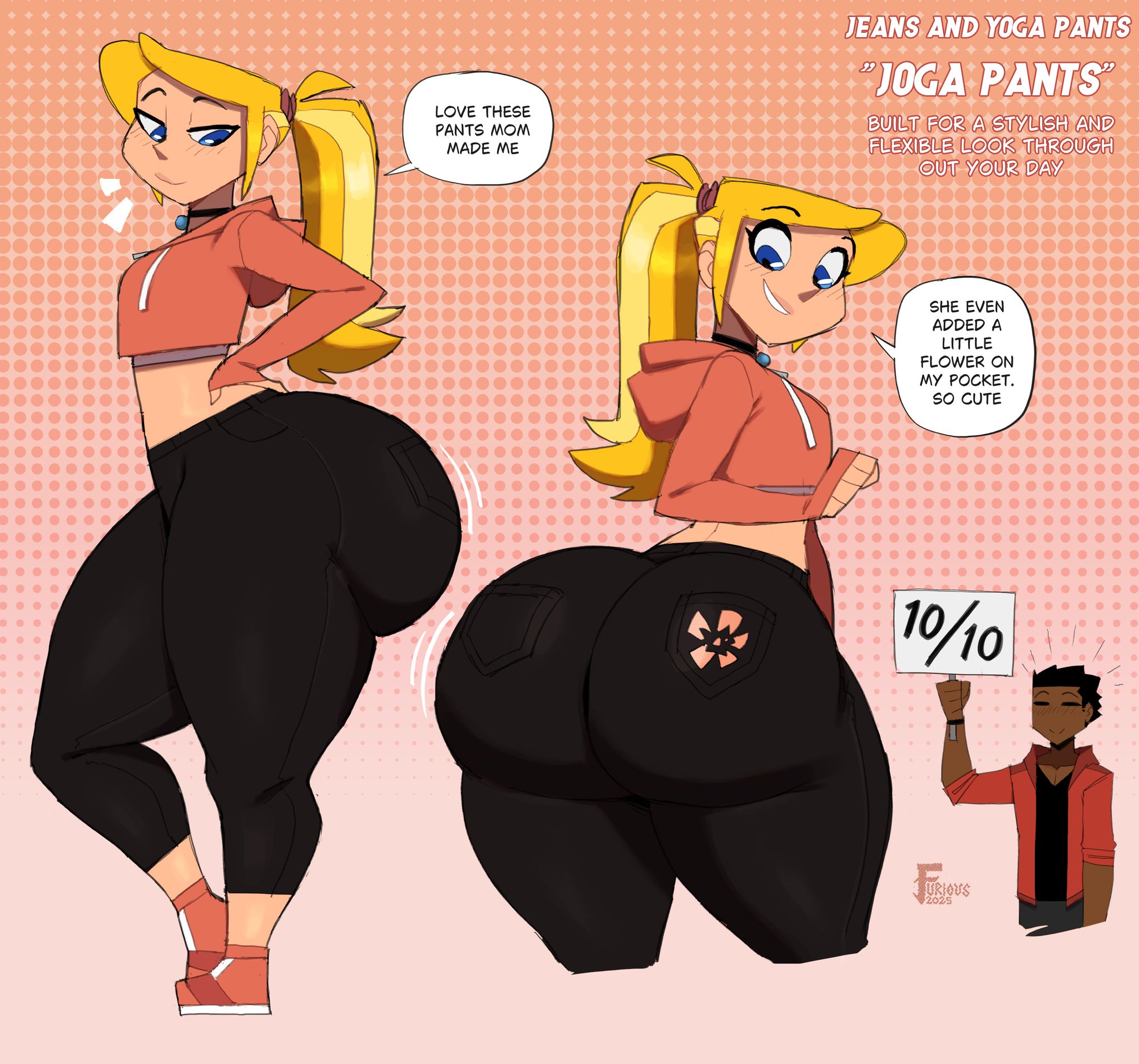 1boy, 1boy1girl, 1girls, absurd res, ass, big ass, blonde hair, blue eyes, boyfriend-girlfriend, breasts, bubble ass, bubble butt, canon couple, clothed, clothing, dark skin, dark-skinned male, dialogue, female, furiousart, hi res, huge ass, jeans, large ass, light skin, light-skinned female, looking back, looking back at ass, lucy (zrfurious), lustburnsfire, male, original, original character, pants, small breasts, speech bubble, text, thick ass, thick thighs, wholesome, wide hips, zack (zrfurious), zrfurious