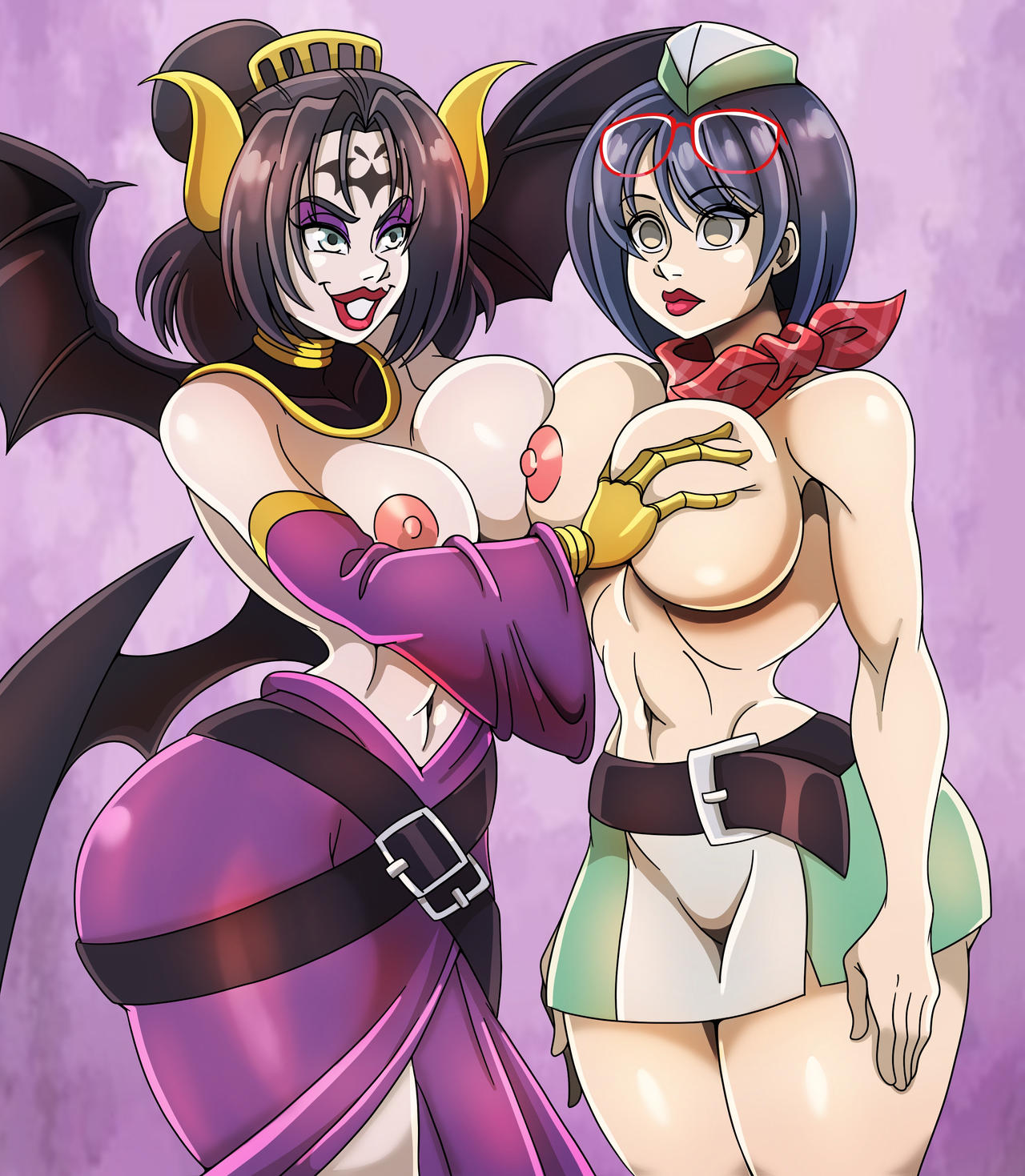 2girls, areola, areolae, asymmetrical docking, belt, belt buckle, big areola, big areolae, big breasts, black belt, black hair, breasts, digimon, digimon (species), digimon story, digimon story: time stranger, dress, eyeshadow, female, female only, full lips, glasses, glasses on head, glove, green eyes, green hat, groping, groping breast, hand on breast, hat, hypnosis, implied hypnosis, implied mind control, kanan yuki, light skin, light-skinned female, lilithmon, lipstick, medium hair, metal gloves, mind control, navel, nipples, purple dress, purple eyeshadow, red glasses, red lips, red lipstick, red scarf, scarf, skirt, slim waist, topless, topless female, wings, yuuki kanan, zorro-zero