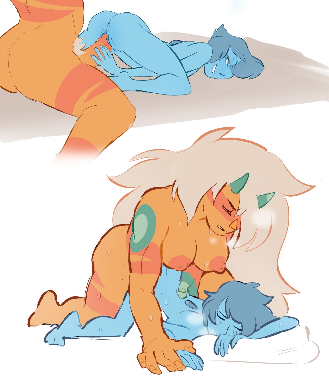 1futa, 1girls, anonymoose, ass, ass up, big penis, blue skin, breasts, female, futa on female, futanari, gem (species), intersex, jasper (steven universe), lapis lazuli (steven universe), larger futa, muscular, muscular futa, nude, orange skin, penis, pubic hair, pussy, sex, shallow penetration, size difference, smaller female, steven universe, sweat, taken from behind, top-down bottom-up, vaginal penetration