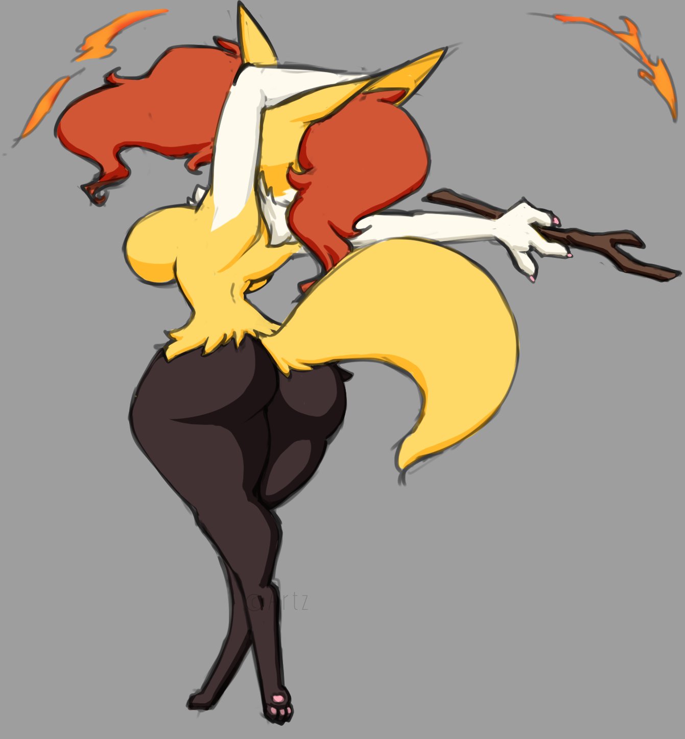 2020s, 2021, anthro, artz, ass, big breasts, big butt, braixen, breasts, canid, claws, feet, female, finger claws, fire, fur, grey background, hi res, mammal, nintendo, nude, pawpads, pinup, pokemon, pokemon (species), pose, rear view, side boob, simple background, solo, standing, stick, wide hips
