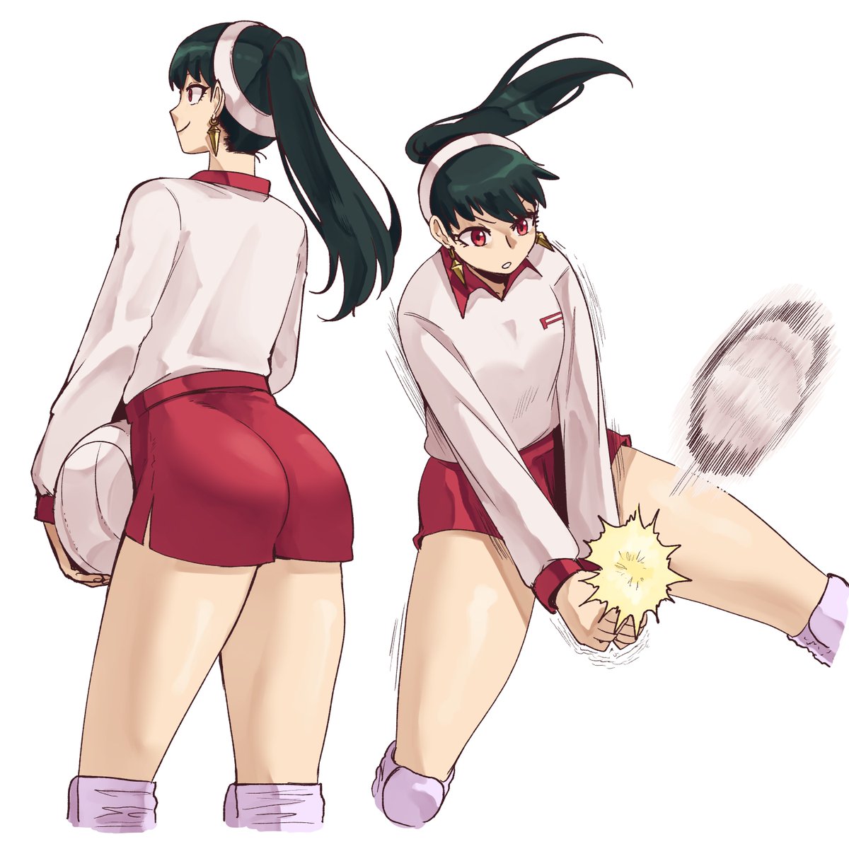 1girls, alternate costume, ass, black hair, commentary, dolphin shorts, earrings, english commentary, female, female only, gold earrings, gym shorts, highres, jersey, jewelry, knee pads, long sleeves, playing sports, ponytail, red eyes, red shorts, shorts, simple background, smile, solo, sportswear, spy x family, wanderjegson, white background, yor briar, yor forger