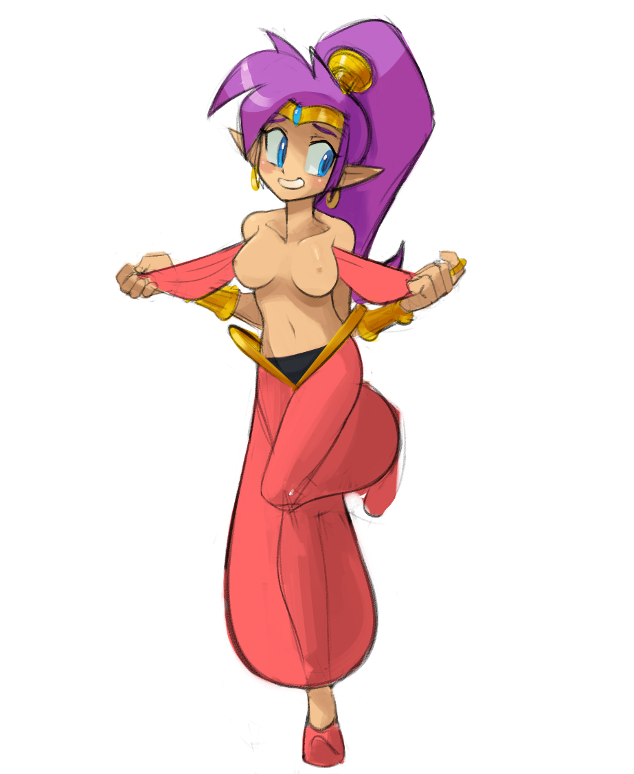 1girls, arabian clothes, bandeau, blue eyes, breasts, collarbone, dark skin, dark-skinned female, embarrassed, female, female only, filthypally, flashing, full body, grin, hairband, hands up, jewelry, leg lift, medium breasts, navel, nipples, open clothes, pointed shoes, pointy ears, pointy shoes, ponytail, purple hair, red pants, red shoes, shantae, shantae (character), simple background, smile, standing, standing on one leg, strapless, white background