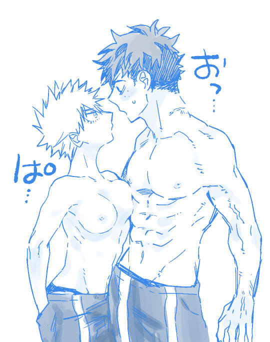 blush, female, female bakugou, freckles, genderswap, genderswap (mtf), izuku midoriya, katsuki bakugou, my hero academia, rule 63, topless