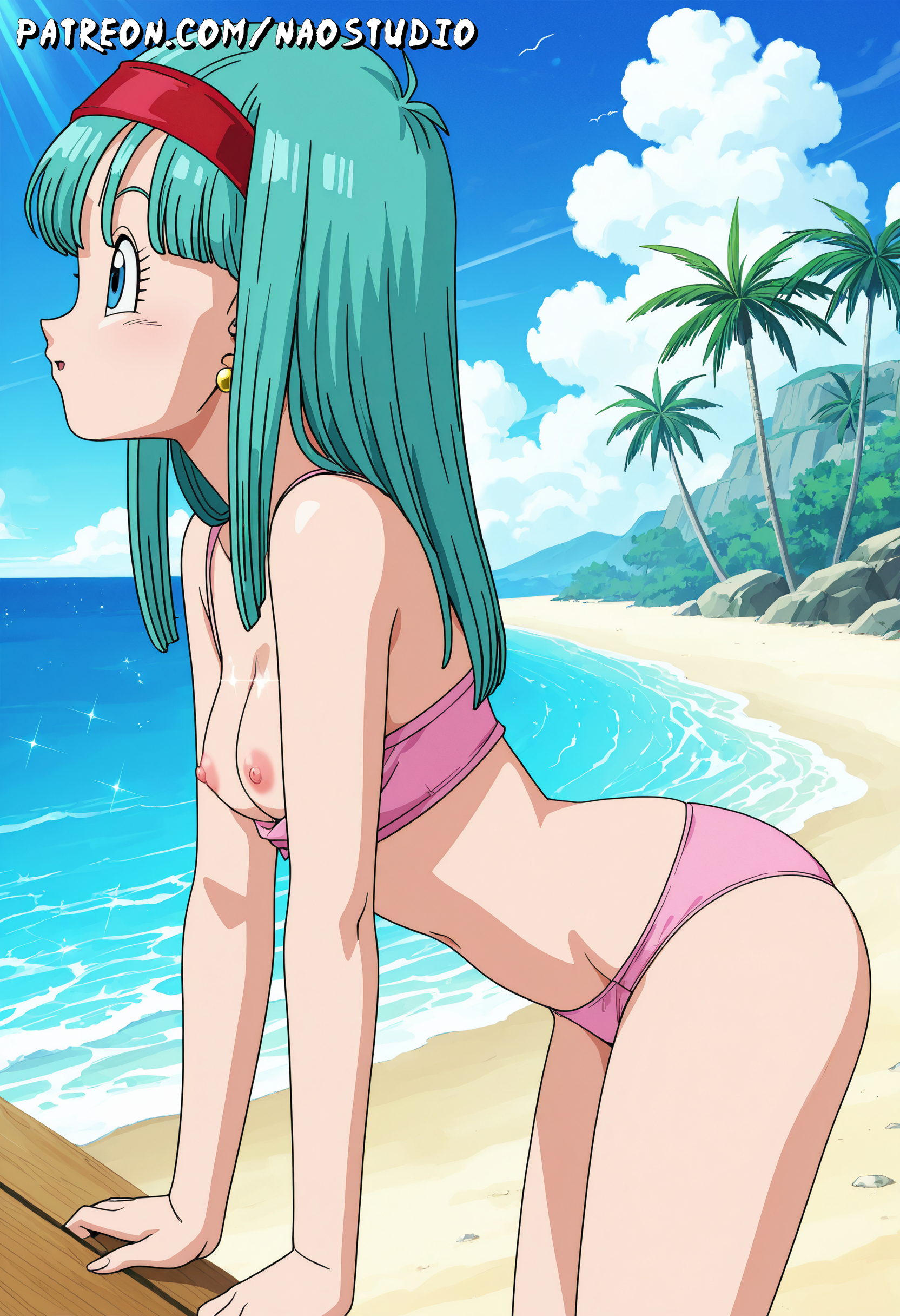 ai generated, ass, blue eyes, blue hair, bra (dragon ball), bra briefs, breasts, curvy, dragon ball, dragon ball gt, earrings, fair skin, female, large breasts, long hair, naked, naostudio, ponytail, solo, thick thighs, wide hips