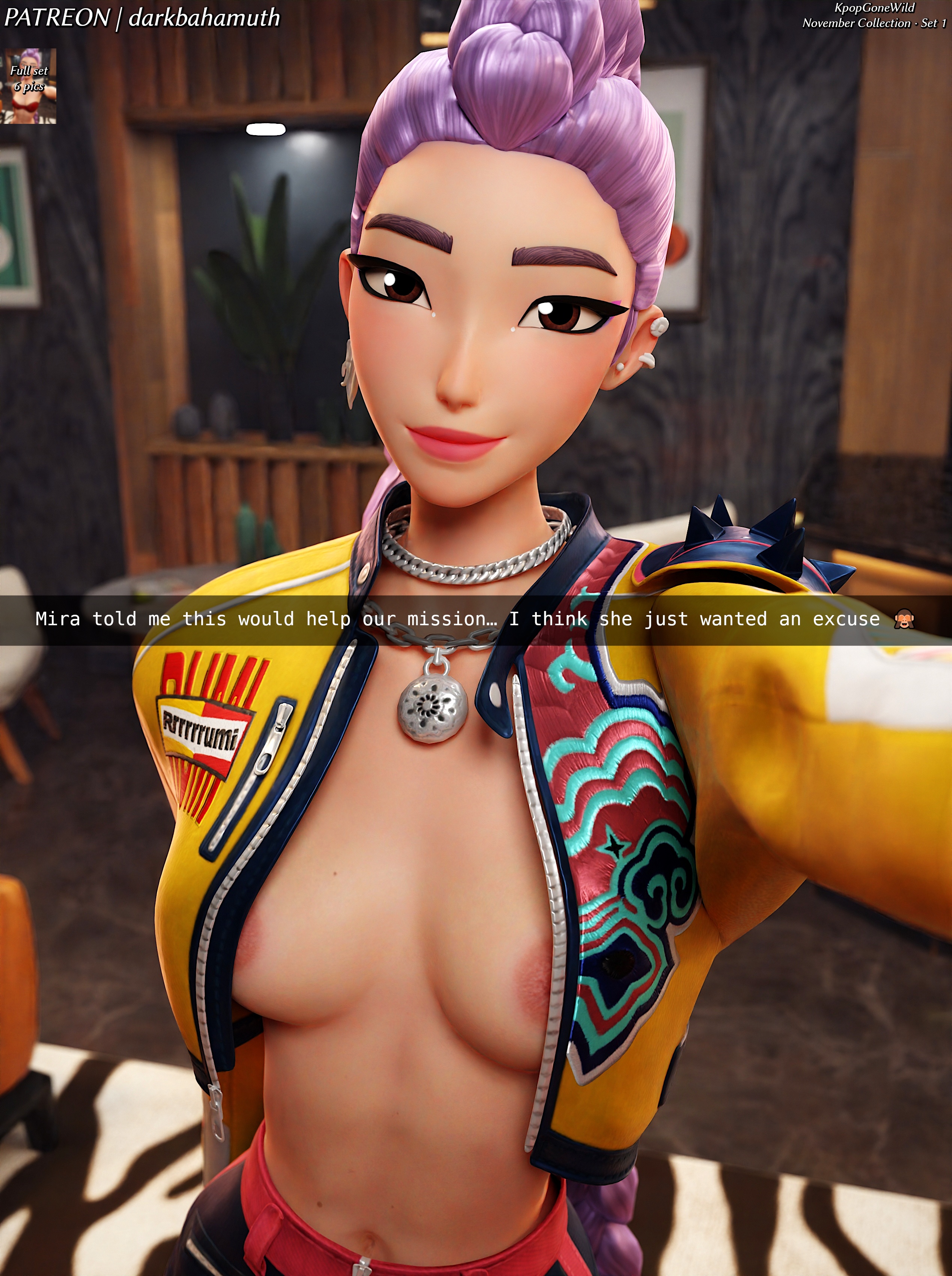 3d, 3d (artwork), breasts, covered breasts, covered nipples, darkbahamuth, female, fortnite, kpop demon hunters, pinup, rumi (kpop demon hunters), selfie, snapchat