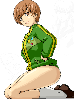 bottomless bottomless_footwear bottomless_jacket bottomless_shoes brown_eyes brown_hair female_only green_sweater isu jacket legs narukami_yu persona persona_4 satonaka_chie thick_thighs tomboy white_background