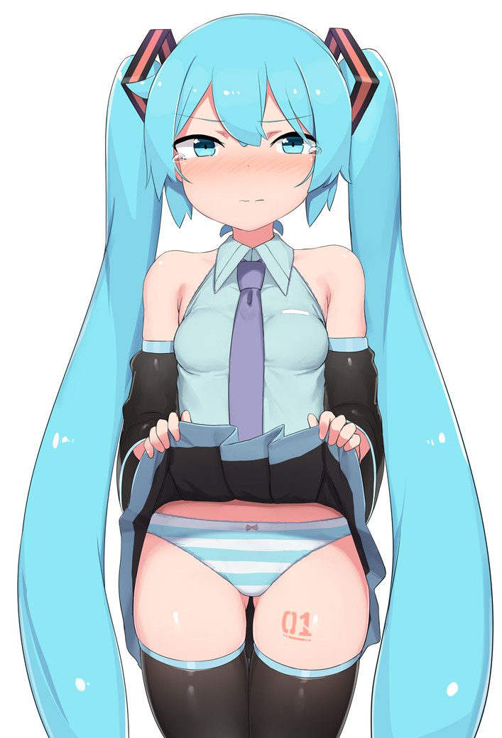 1girl, 1girls, abmayo, aqua eyes, aqua hair, ass visible through thighs, bangs, bare shoulders, black skirt, black sleeves, black thighhighs, blue hair, blush, bow, bow panties, breasts, closed mouth, clothes lift, collared shirt, cowboy shot, detached sleeves, female, female only, hair ornament, hatsune miku, lifted by self, long hair, looking at viewer, necktie, panties, pleated skirt, shirt, simple background, skindentation, skirt, skirt lift, sleeveless, sleeveless shirt, solo, standing, striped, striped panties, tattoo, tearing up, thighhighs, twintails, underwear, very long hair, vocaloid, white background