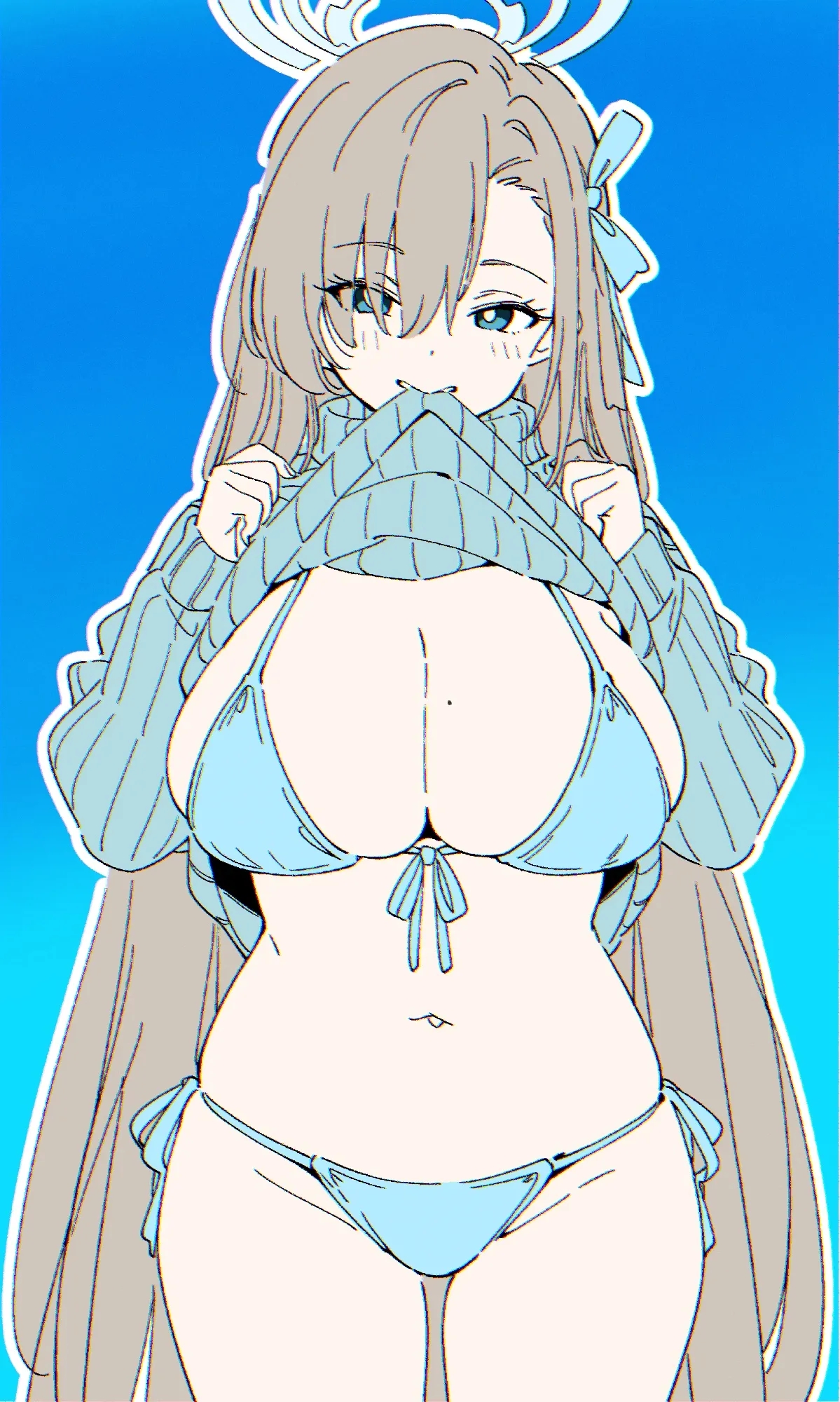 1girls, 2d, 2d (artwork), 2d artwork, absurdly long hair, asian, asian female, asian girl, asuna (blue archive), background, bare belly, bare chest, bare hips, bare legs, bare midriff, bare navel, bare skin, bare thighs, belly, belly button, big boobs, big breasts, bikini, bikini bottom, bikini top, bikini under clothes, blue archive, blue background, blue bikini, blue bikini bottom, blue bikini top, blue eyes, blue hair ribbon, blue hair tie, blue halo, blue ribbon, blue sweater, blue swimsuit, blue swimwear, blue topwear, blue-eyed female, blush face, blushing, blushing at viewer, blushing female, breasts, brown eyebrows, brown hair, brown-haired female, busty, busty female, busty girl, busty teen, busty teenager, cleavage, color, colored, cowboy shot, curvaceous, curvaceous body, curvaceous female, curvaceous figure, curvaceous hips, curvaceous teenager, curvy, curvy body, curvy female, curvy figure, curvy hips, curvy teen, digital, digital art, digital drawing, digital drawing (artwork), digital media, digital media (artwork), drawing, exposed, exposed belly, exposed chest, exposed hips, exposed legs, exposed midriff, exposed navel, exposed skin, exposed thighs, eye-level view, eyebrows, eyebrows visible through hair, eyes, eyes visible through hair, facing viewer, fanart, feet out of frame, female, female focus, female only, flushed, flushed cheeks, flushed face, foot out of frame, from front, front view, front-tie bikini, front-tie bikini top, groin, hair, hair between eyes, hair covering eye, hair over eye, hair over one eye, hair ribbon, hair tie, half naked, half nude, halo, halterneck, head tilt, hips, hourglass figure, inguinal crease, inguinal ligament, japanese, japanese female, japanese girl, knees out of frame, large boobs, large breasts, lean figure, leg out of frame, legs out of frame, light brown hair, light brown-haired female, light-brown hair, long hair, looking at viewer, lower body out of frame, midriff, monotone background, naked, naked female, naked woman, narrow waist, navel, nude, nude female, nudity, one color background, parted bangs, parted lips, partially naked, partially naked female, partially nude, partially nude female, partially undressed, plain background, portrait, posing, posing for the viewer, posing naked, posing nude, ribbon, semi nude, side-tie bikini, sidelocks, slender body, slender waist, slim female, slim waist, smile, smiley face, smiling, smiling at viewer, solid color background, solo, spynai, standing, string bikini, sweater, sweater aside, sweater lift, sweater pull, swimsuit, swimwear, teen girl, teenage female, teenage girl, teenage tits, teenager, thick thighs, thigh gap, thighs, thighs out of frame, tilted head, top view, topwear, topwear aside, topwear lift, topwear pull, upper body, very long hair, very long hair female, voluptuous, voluptuous body, voluptuous female, voluptuous figure, voluptuous teenager, voluptuous woman, white pupils, wide hips, young female, young woman