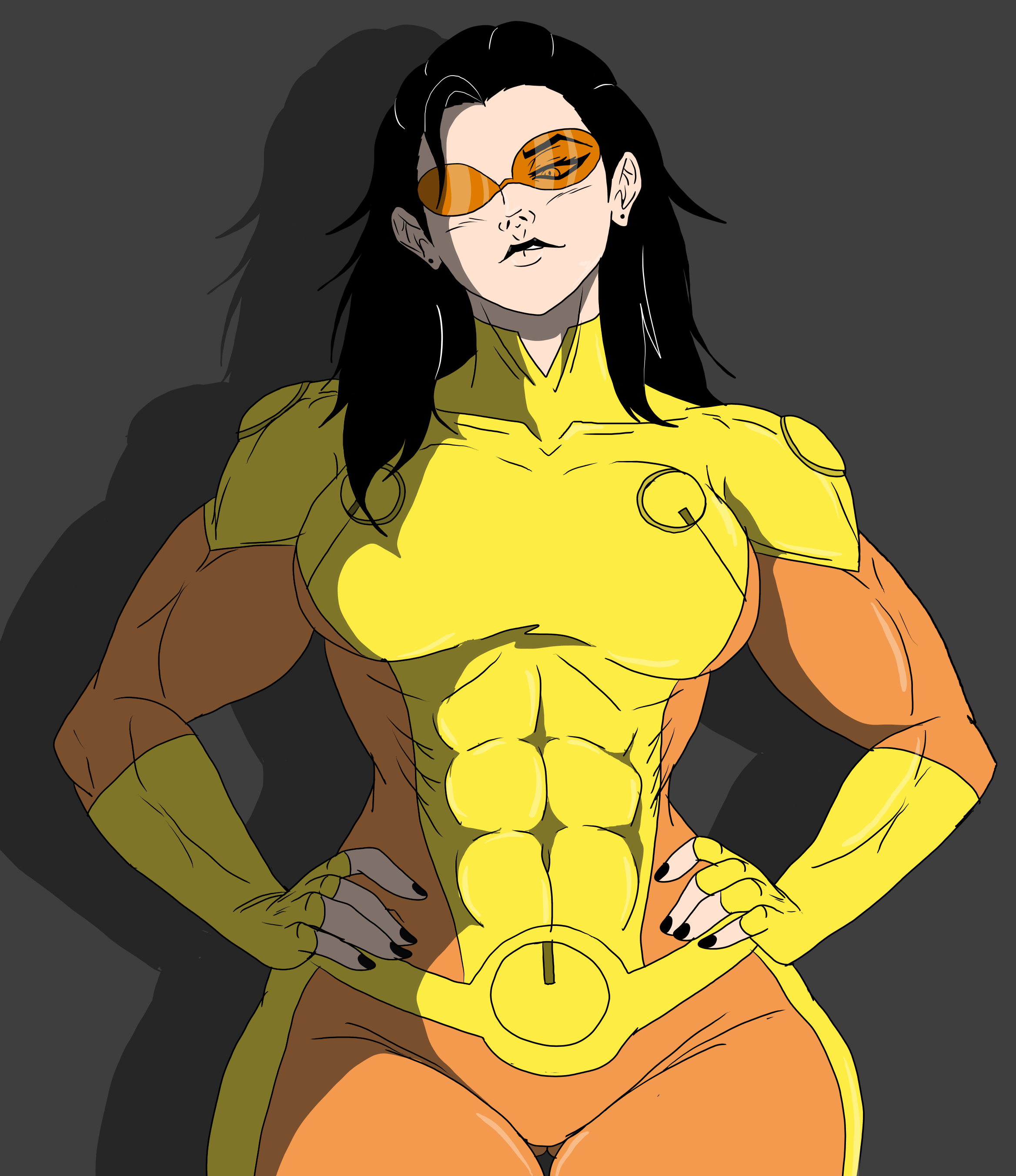 1girls, 2d, 2d (artwork), abs, black hair, black lipstick, breasts, bulletproof mark (invincible), clothed, clothing, female, female only, femvincible, genderswap (mtf), goggles, hair, invincible, invincible (comics), invincible (tv series), mark grayson, muscular, muscular female, rule 63, solo, standing, theicevirus