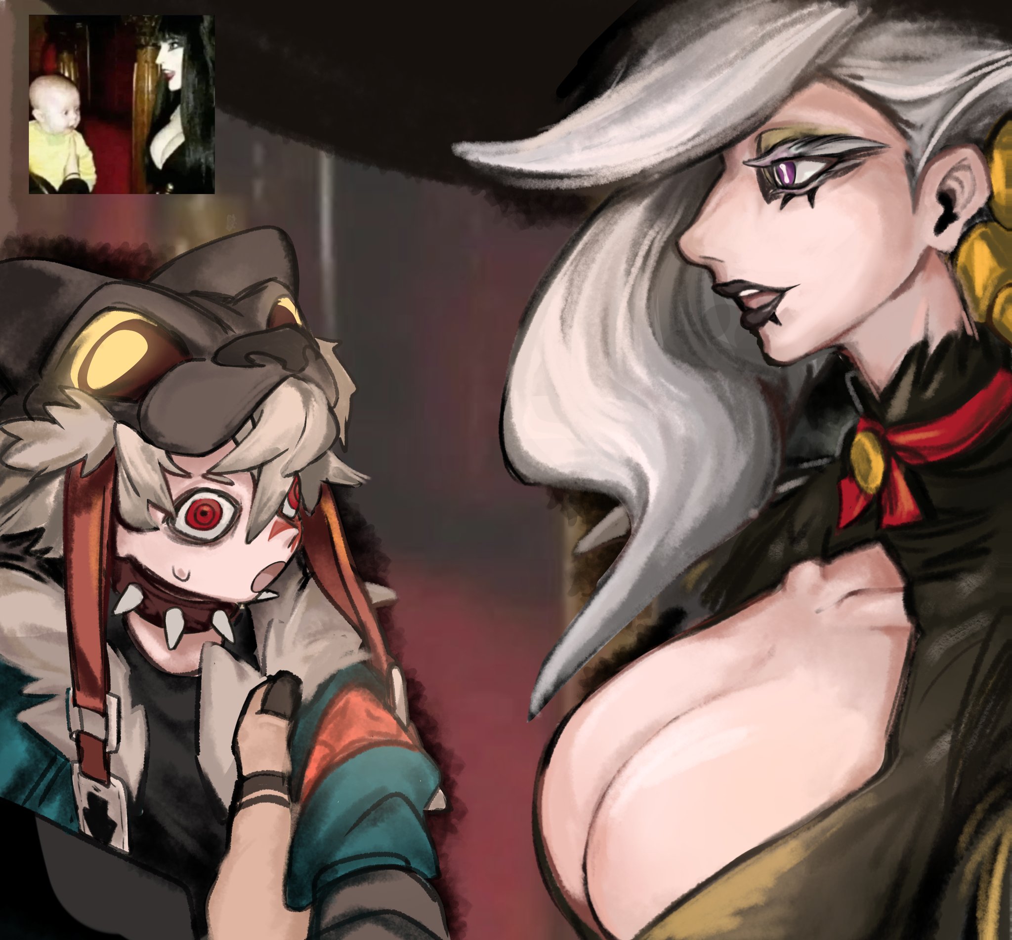 1girls, 2boys, big breasts, clothed, clothing, enjin (gachiakuta), gachiakuta, meme, rudo surebrec, surprised, surprised expression, too lily
