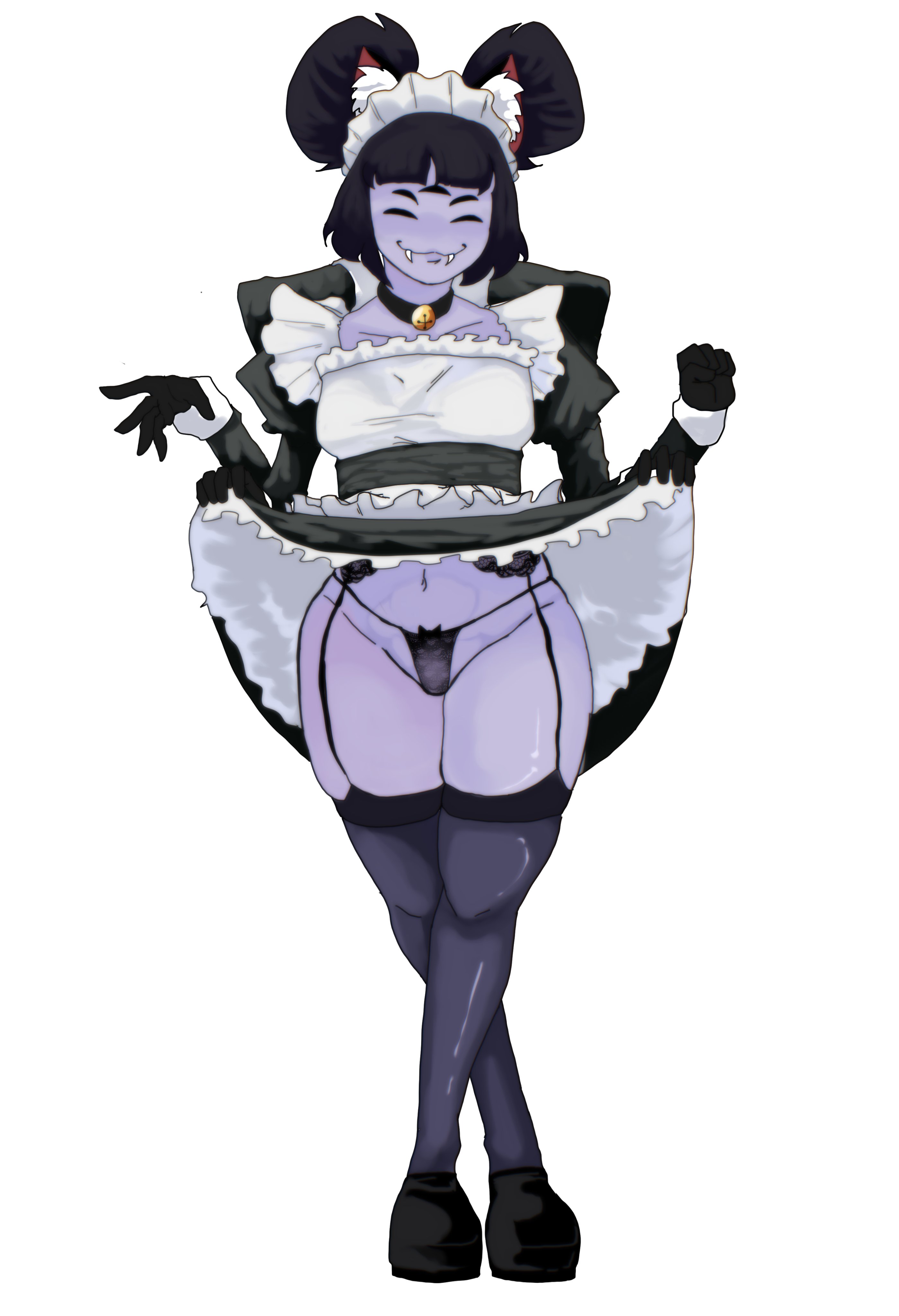 5 eyes, bell, choker, commission, fangs, female, garter belt, lifting skirt, maid, maid outfit, maid uniform, monster girl, muffet, smile, spider girl, stockings, thick thighs, undertale, undertale (series), uniform, zackocafeina