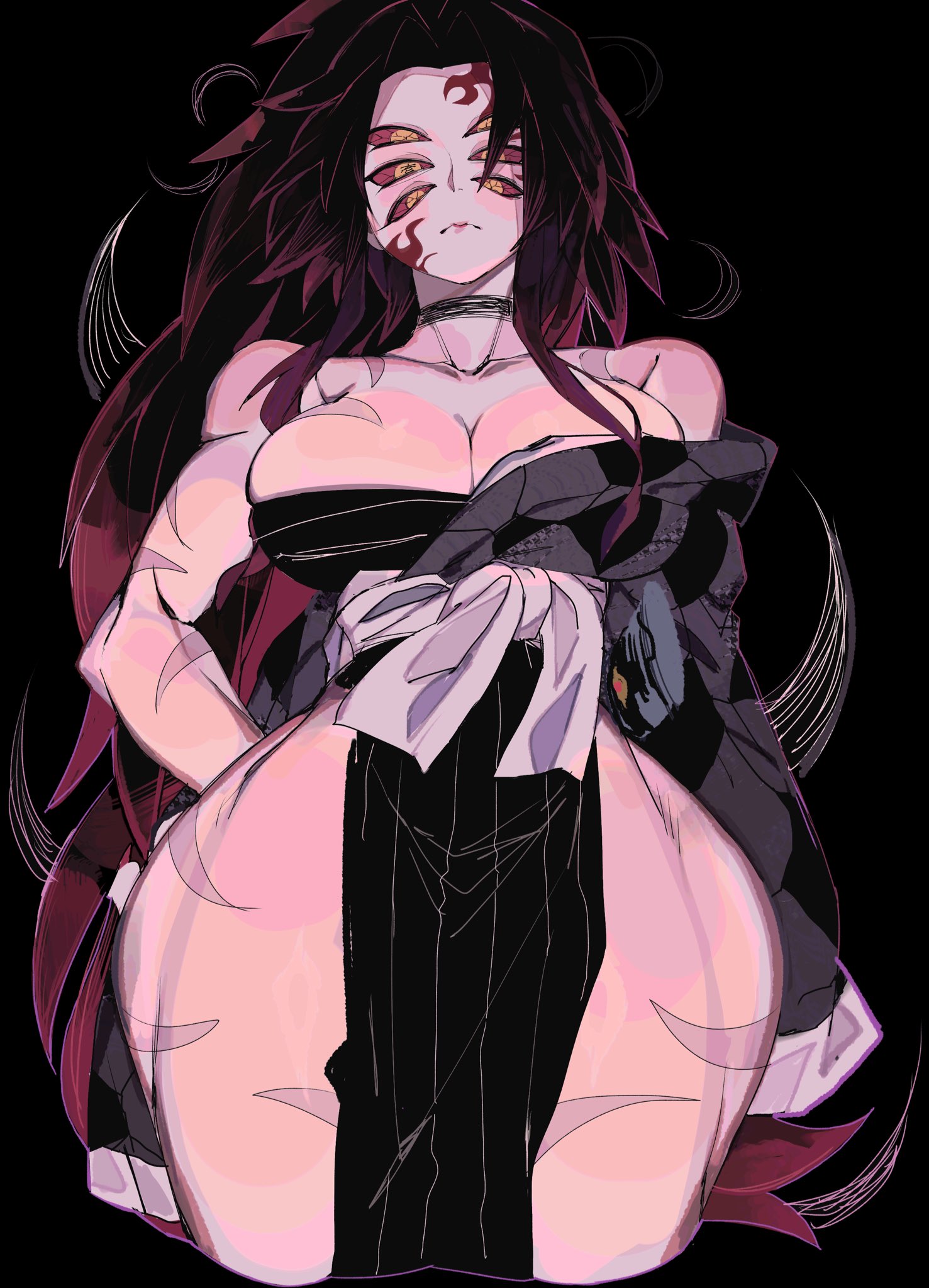 6 eyes, big breasts, breasts, curvaceous, curvy female, curvy figure, demon slayer, female, female focus, female only, genderswap (mtf), hourglass figure, kimetsu no yaiba, kimono, kokushibo, michikatsu tsugikuni, rule 63, scars, simple background, two-tone hair, usa37107692, wide hips