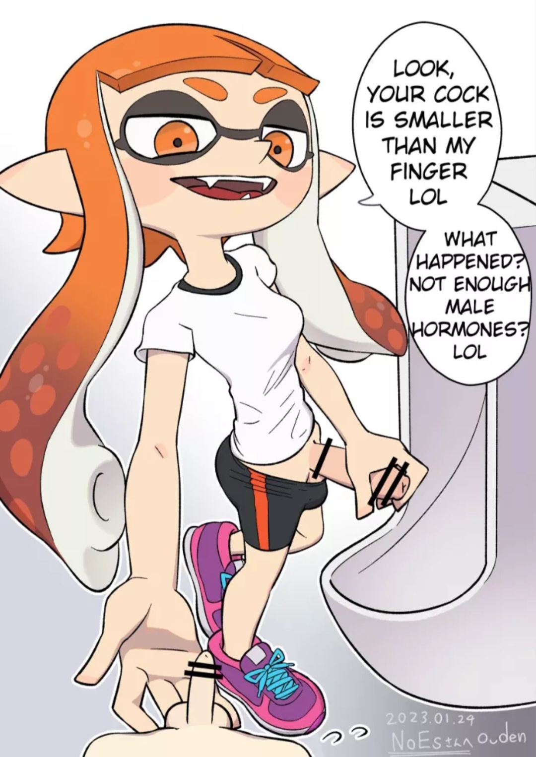 1boy, 1futa, bathroom, censored, female, futanari, inkling, inkling futa, inkling girl, intersex, kaori (splatoon), male, nintendo, o den, orange inkling girl, penis, penis size talk, size comparison, size difference, size play, size talk, small penis humiliation, splatoon, splatoon (series), text, urinal, virility difference