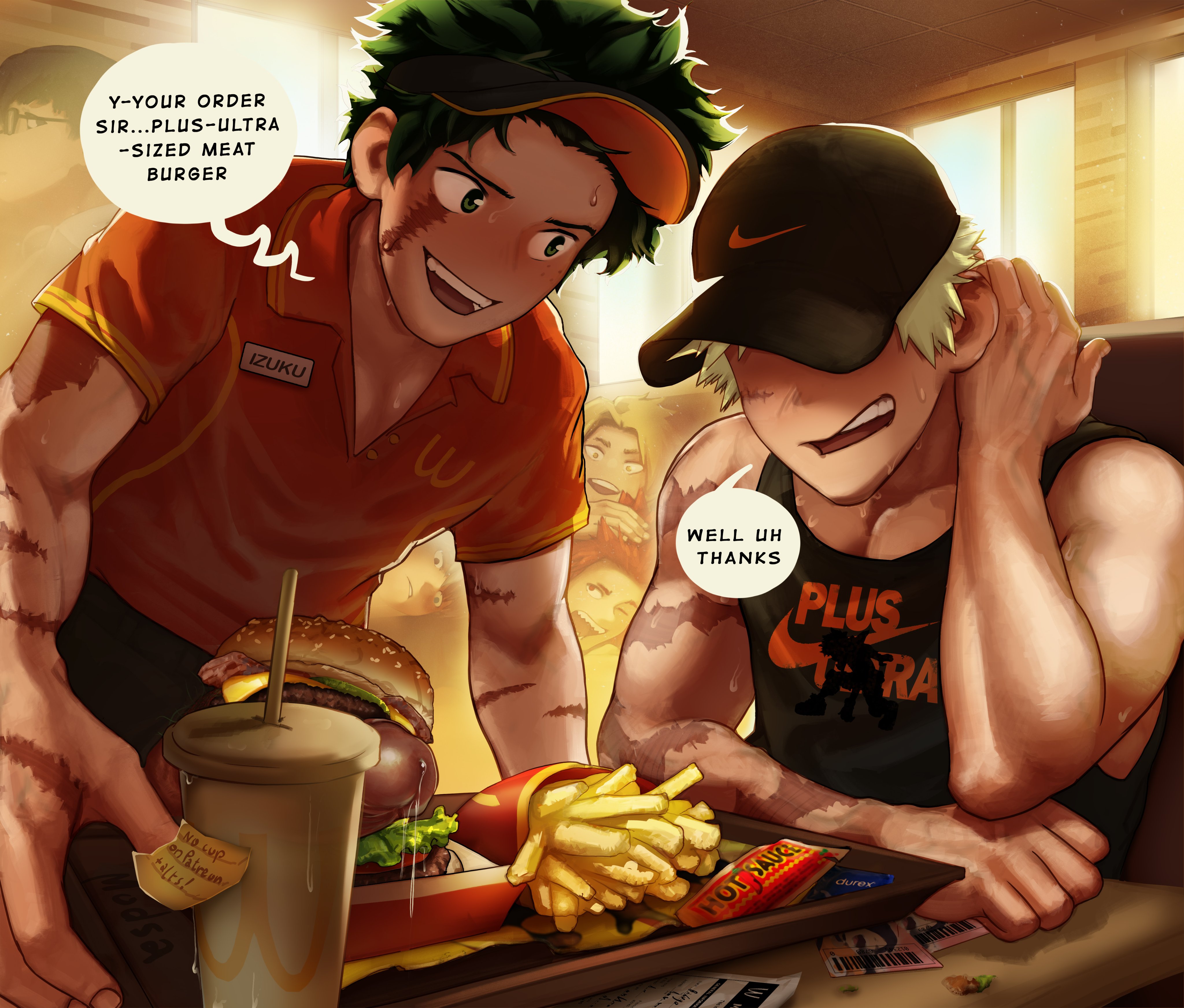 2boys, blonde hair, boku no hero academia, burger, cap, clothed, clothing, color, english dialogue, english text, fast food, fast food employee, fast food uniform, food, food play, fries, gay, green hair, hat, internet controversy, izuku midoriya, katsuki bakugou, male, male focus, male only, mcdonald's, modsa666, my hero academia, nike, penis, precum, public, speech bubble, text, twitter link, yaoi