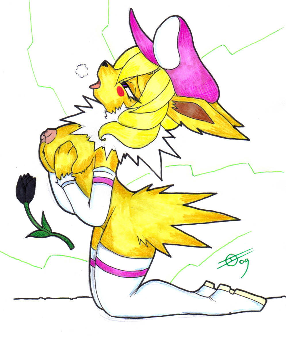 blush breasts cosplay domino_(pokemon) eeveelution furry hat jolteon large_breasts nintendo nipples pokemon pokemon_(species)