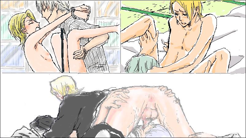 69 anal anus bondage bed_sheet bedsheets bleach blonde_hair blush bondage grey_hair grin ichimaru_gin kira_izuru oral penis smile yaoi