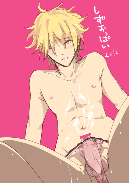 1boy blonde_hair crossdressing cum durarara!! heiwajima_shizuo male male_only panties penis solo translation_request underwear yellow_eyes